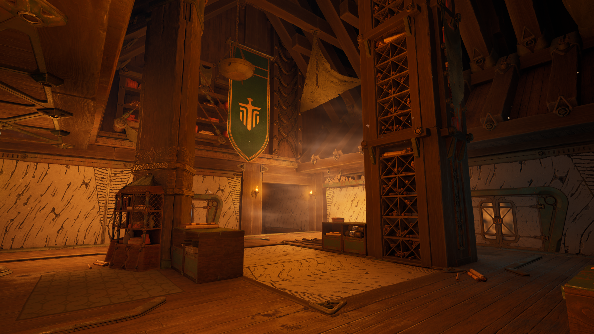 A wooden interior space with shelves, a banner hanging from the ceiling, a large flag with a shield emblem, and glowing wall sconces, resembling a fantasy or game environment.