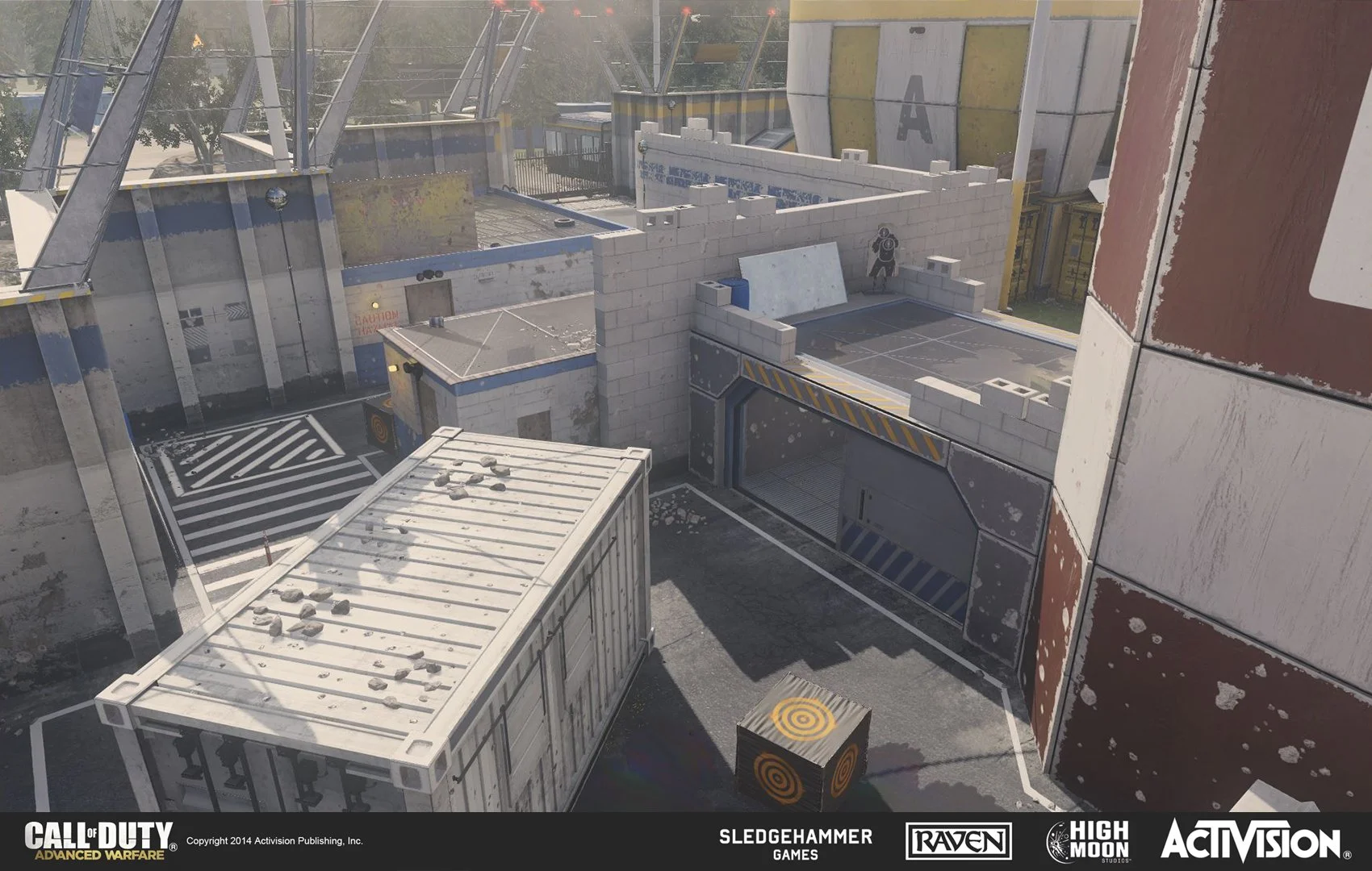 Screenshot of a multiplayer map named Sledgehammer in Call of Duty: Advanced Warfare, showing a military-style compound with containers, a target practice cube, and a shooting range area, with marked pathways and walls.