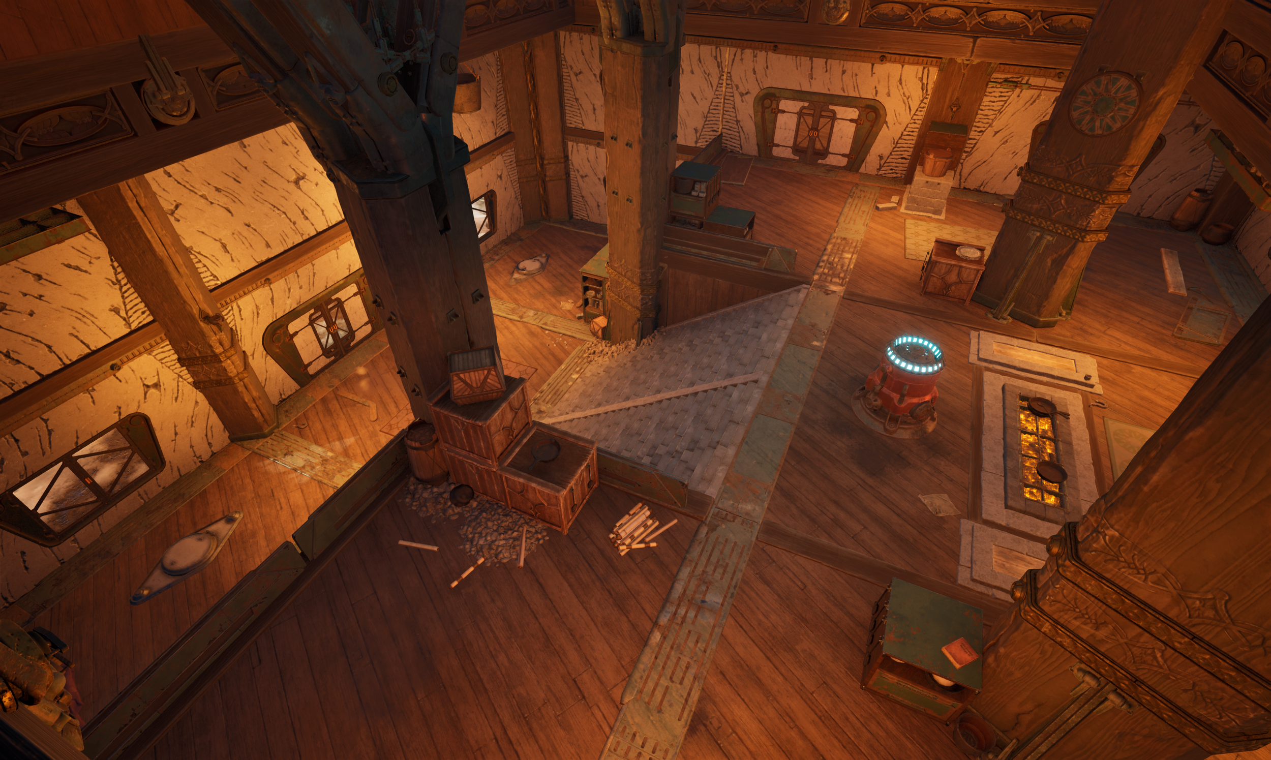 An interior view of a rustic, wooden room with various medieval or fantasy-style furnishings, including a staircase, wooden crates, an old-fashioned clock, a lamp, and a glowing blue device on a pedestal.