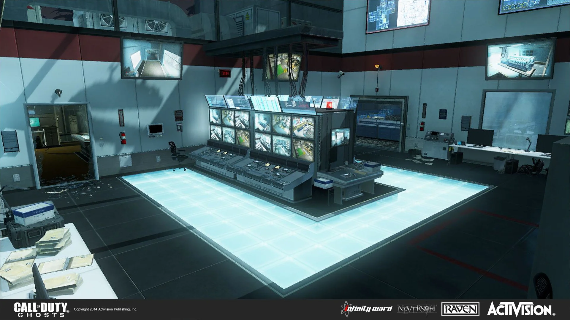 A high-tech control room with multiple monitors, desks, and office equipment, illuminated by glowing floor panels.