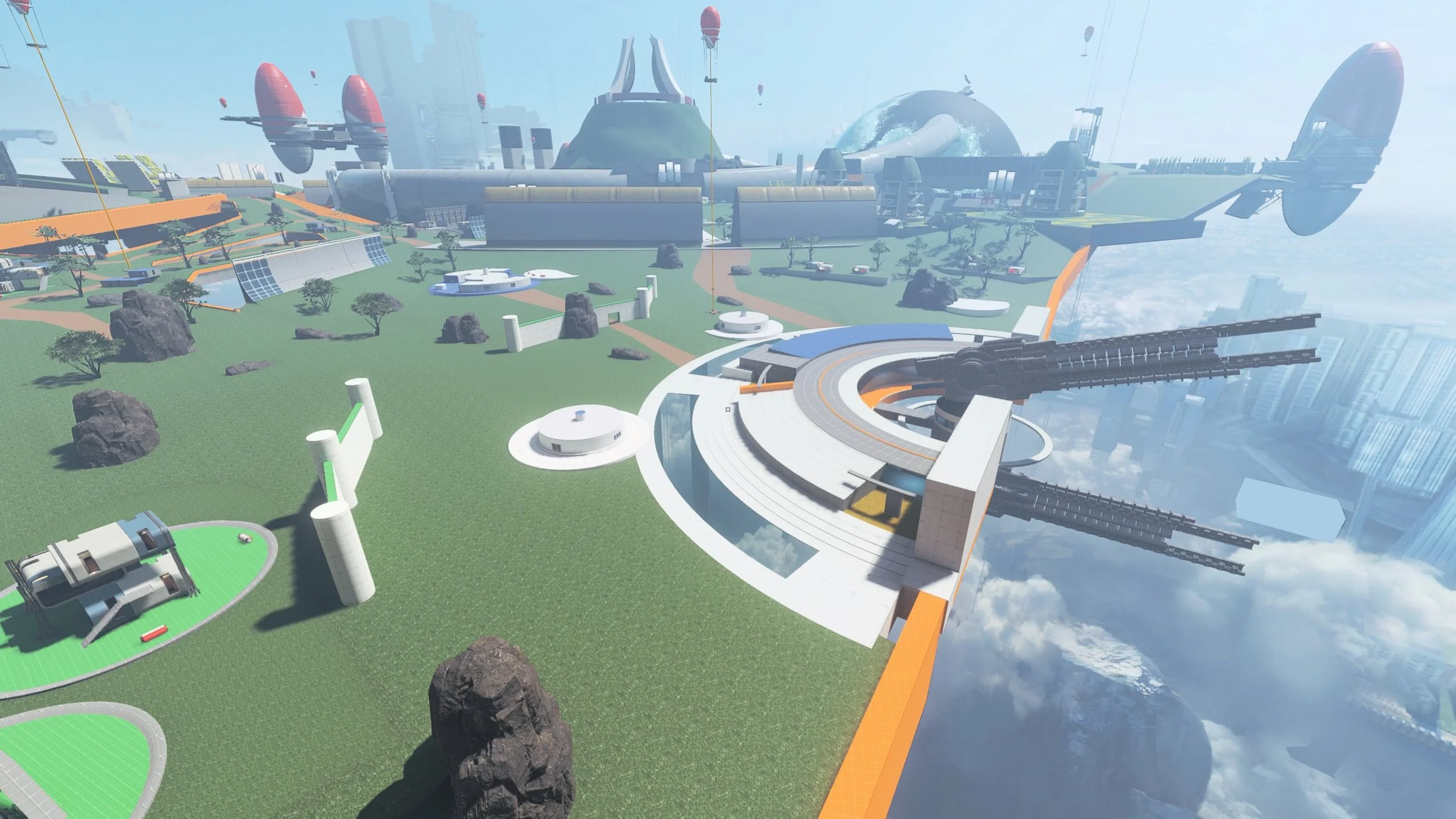 Futuristic cityscape with large space station, flying ships, and modern buildings, set above clouds.