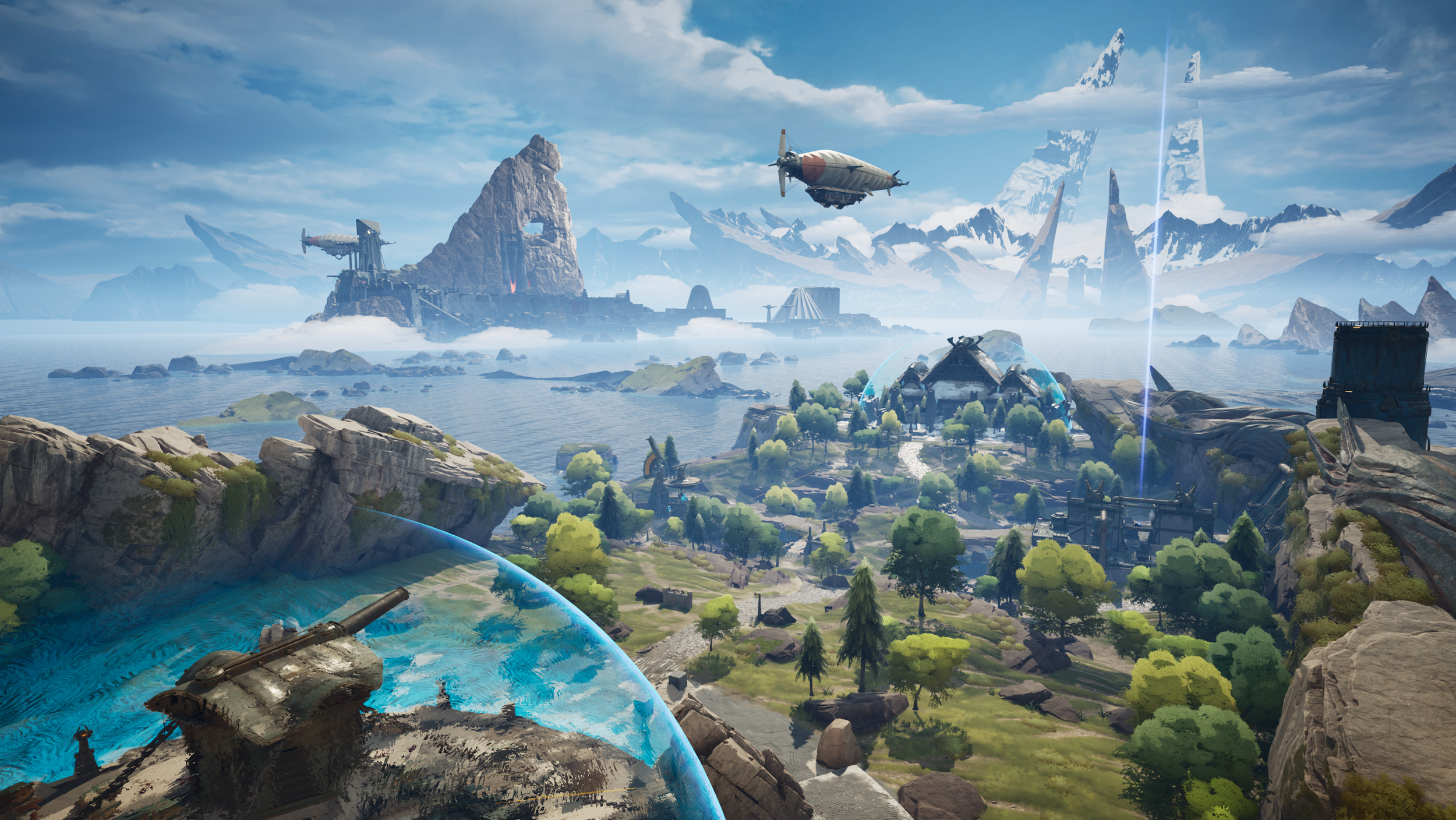 Futuristic landscape with mountains, water, trees, and structures, including flying ships and a large glowing blue beam of light in the sky.