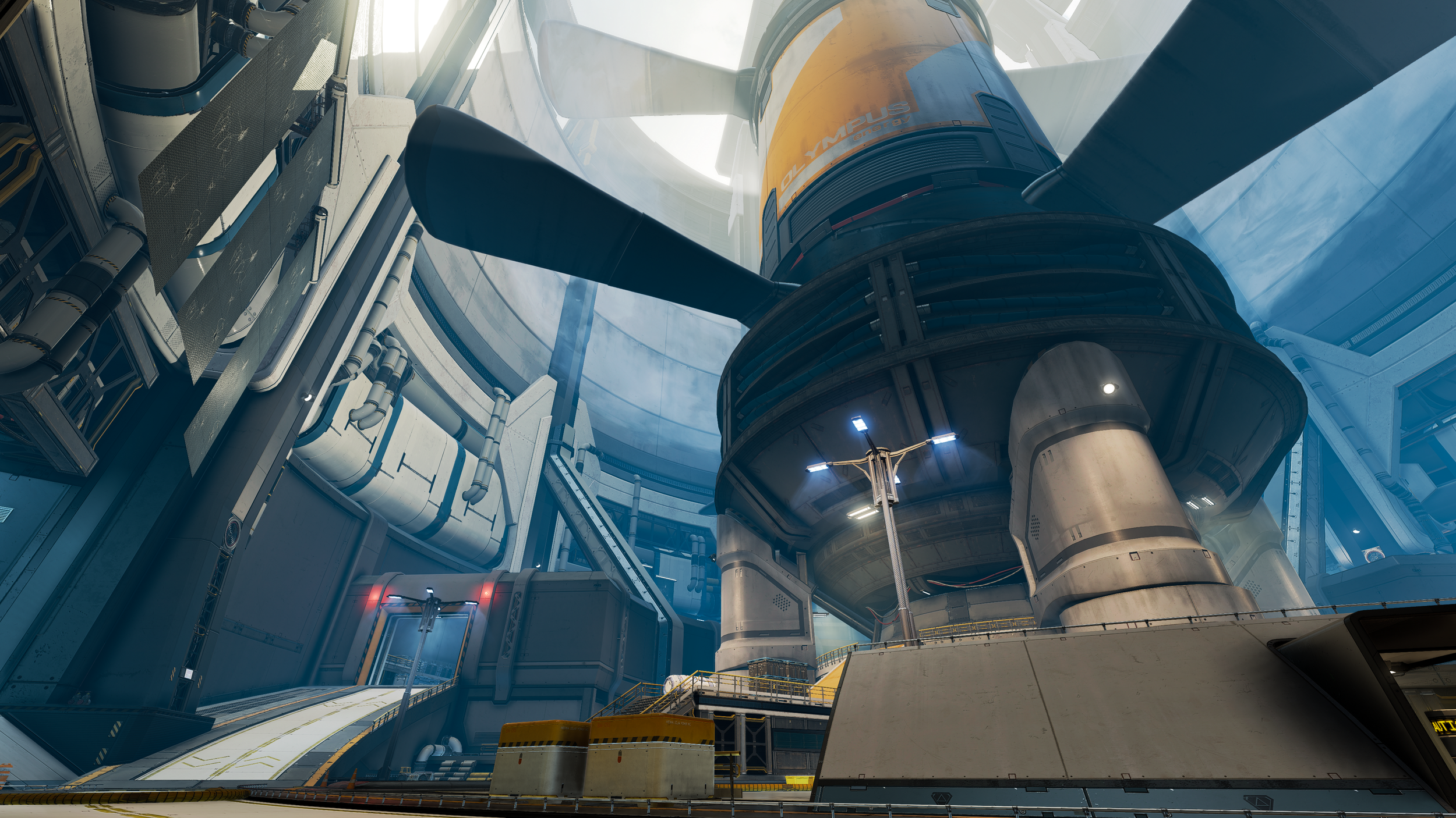 Interior view of a futuristic space station with a large rocket or spacecraft in the center, surrounded by advanced equipment and structures.