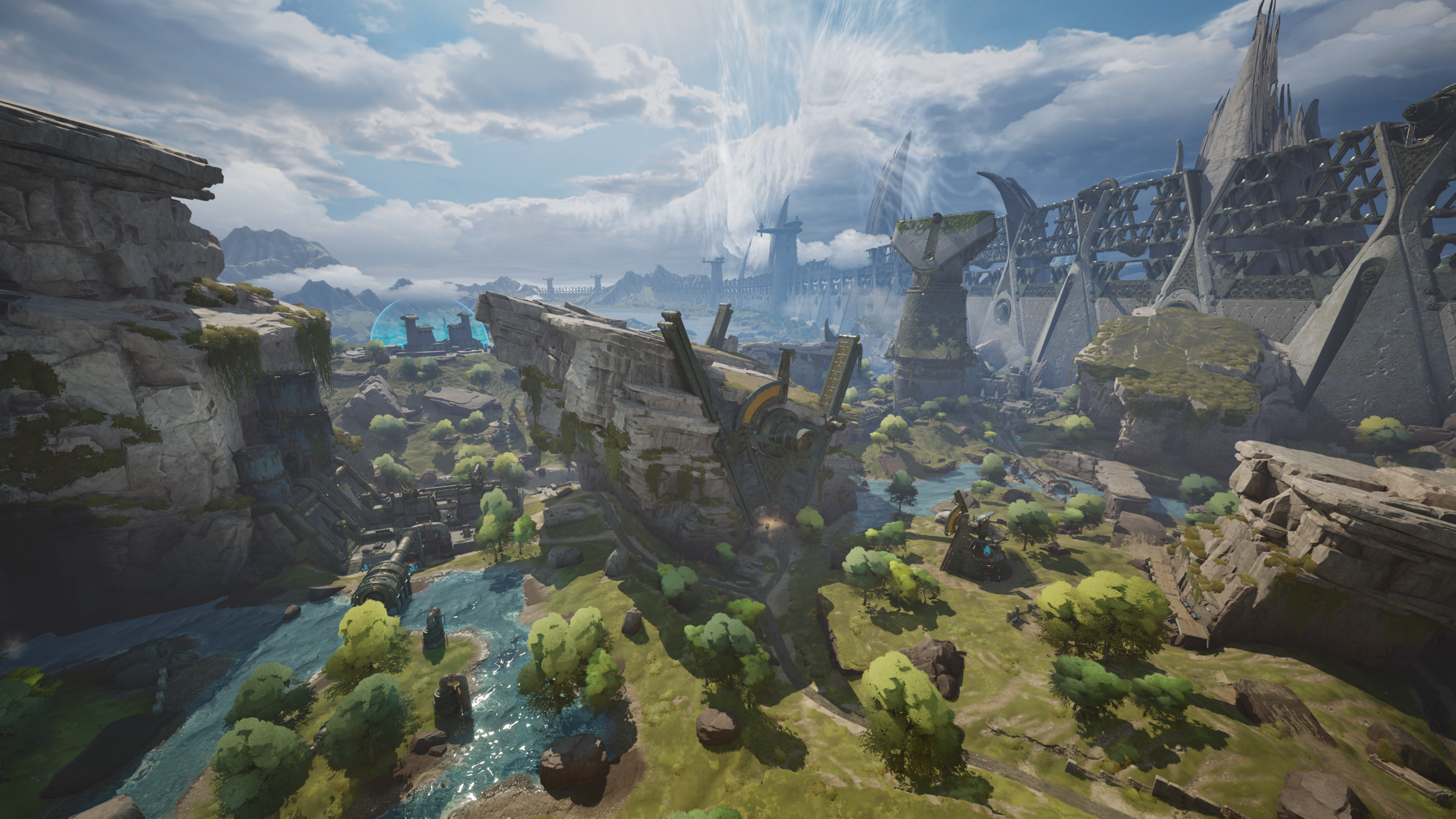 A futuristic landscape with mountains, a river, trees, and large structures, including a high wall, wind turbines, and advanced machinery in the distance.