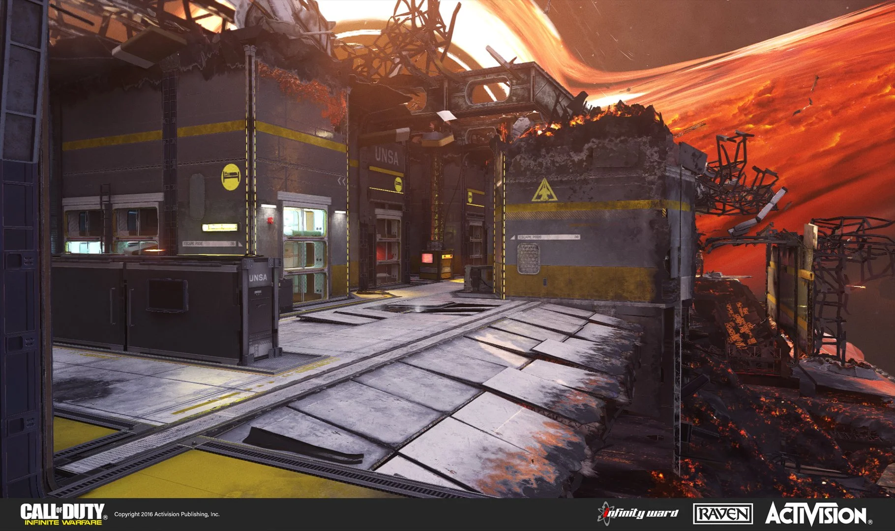 A cinematic scene from the video game Call of Duty: Infinite Warfare showing a futuristic, damaged space station in an intense, fiery environment with a background of a swirling, molten planet or star.