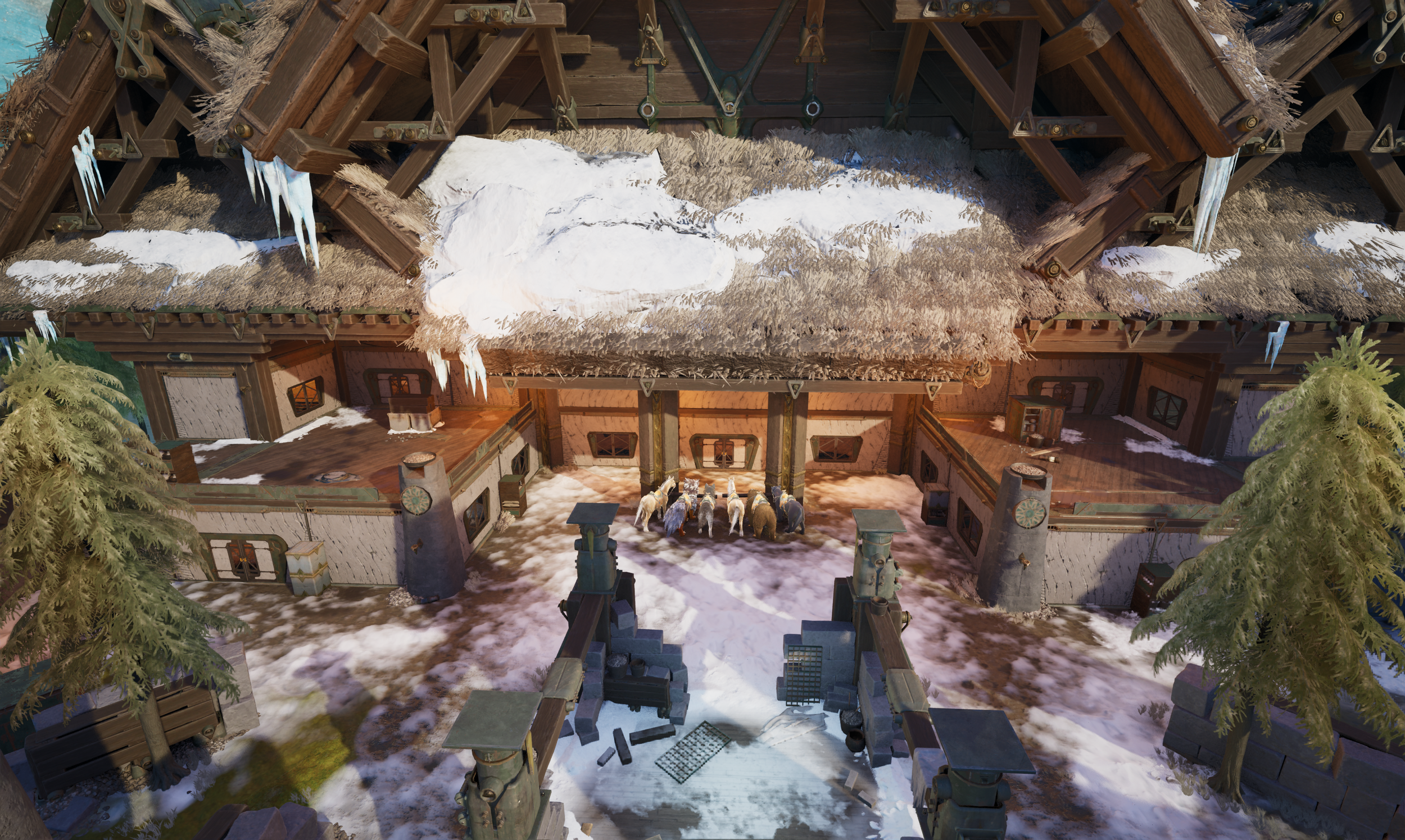 A farmstead with a wooden barn covered in snow and icicles, wooden fencing with two wolves and a sheep close to the barn door, surrounded by evergreen trees.