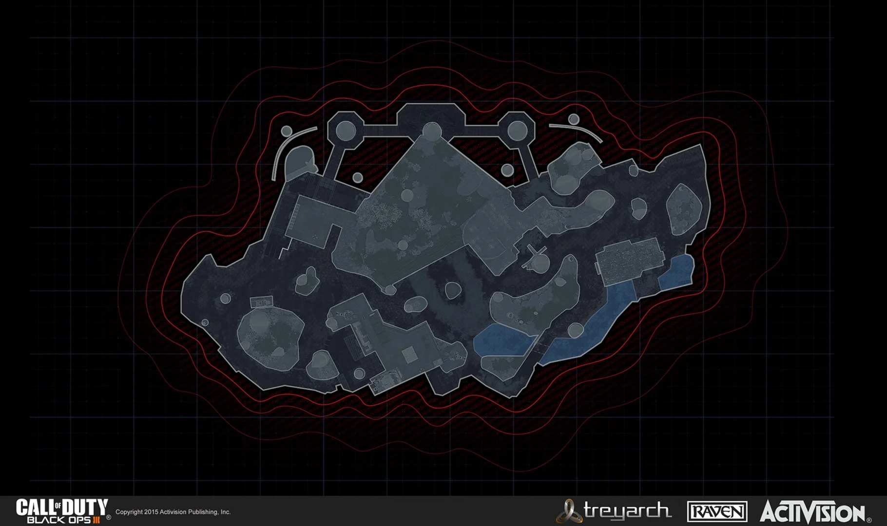 Map layout of the 'Call of Duty: Black Ops III' game, showing topographic lines and various indoor and outdoor locations, with logos of Treyarch, Raven, and Activision at the bottom.