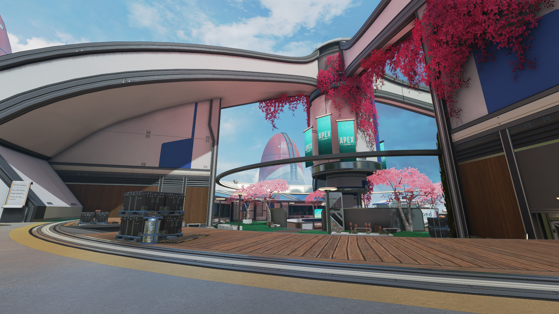 Futuristic cityscape with modern buildings, pink cherry blossom trees, and banners that say "APEX" under a blue sky with clouds.