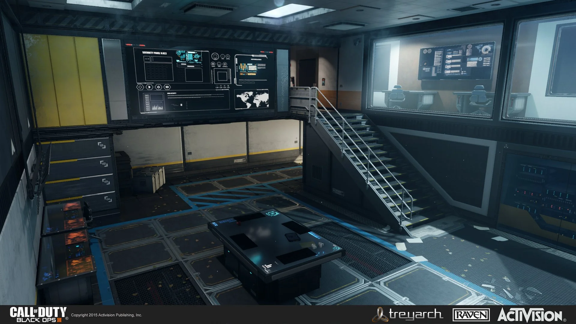 Interior of a futuristic command center with multiple screens displaying data, a staircase leading to an upper platform, and a table in the center with various equipment.