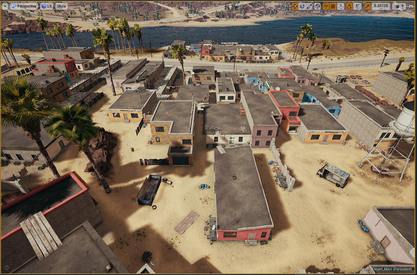 A digital rendering of a small desert town with colorful buildings, palm trees, a river, and a sandy landscape.