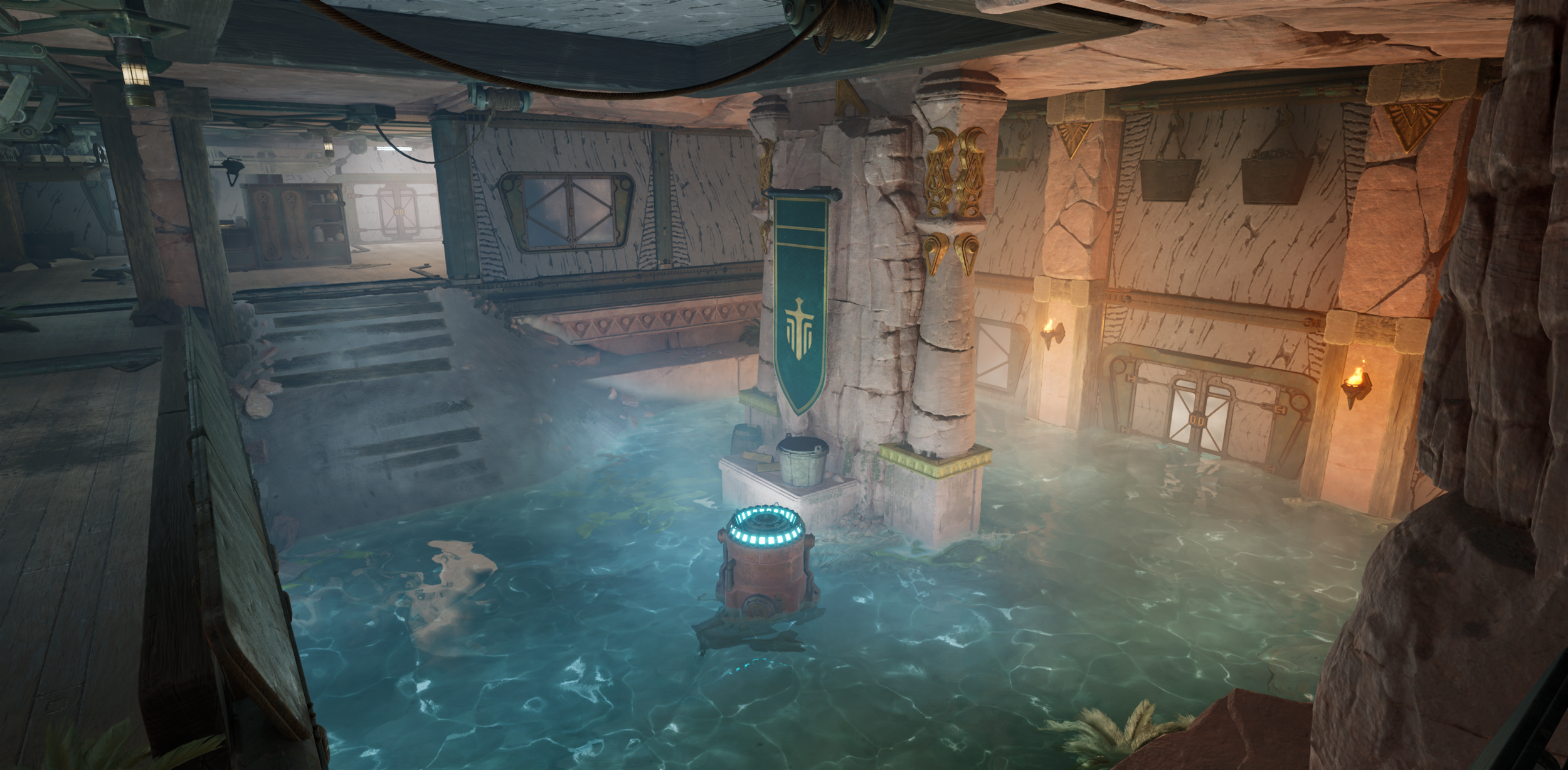 Interior of an ancient-style building with a water feature, stone columns, and decorative elements.