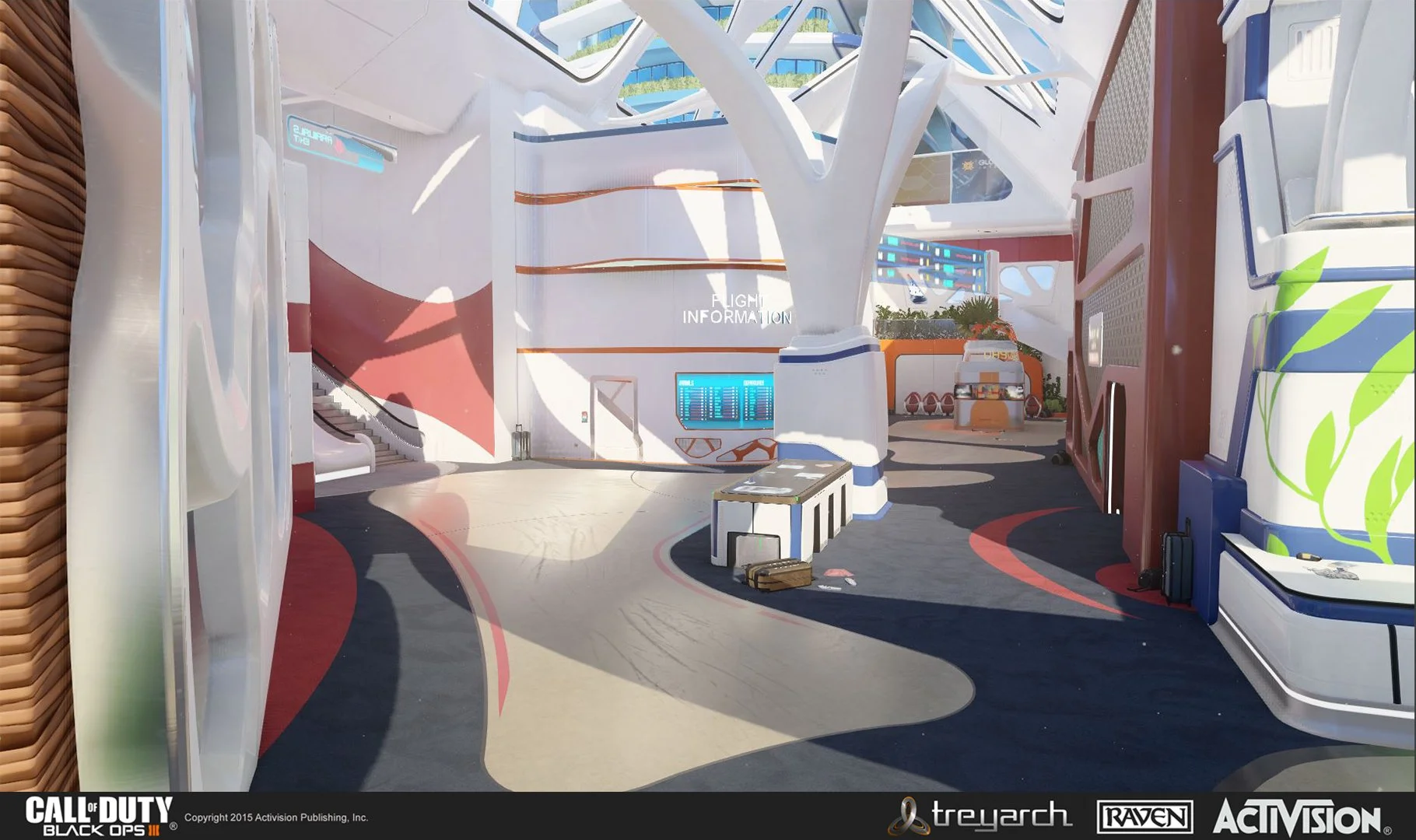 Empty indoor space with futuristic white and orange structures, an information board, luggage, and a curved shuttle or tram to the right, in a sci-fi setting.