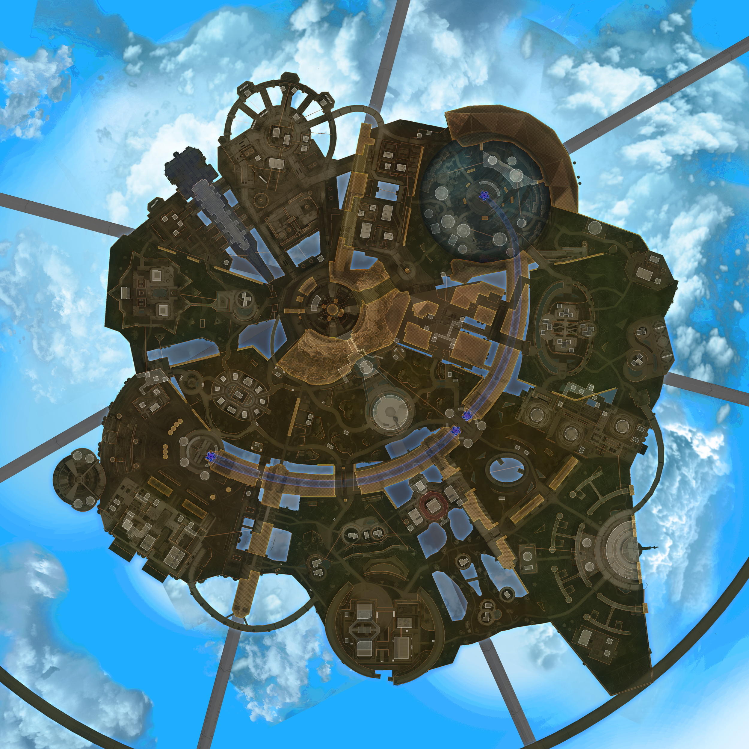 View of a futuristic space station in orbit above Earth, with various modules and structures connected by walkways, set against the blue sky and clouds.