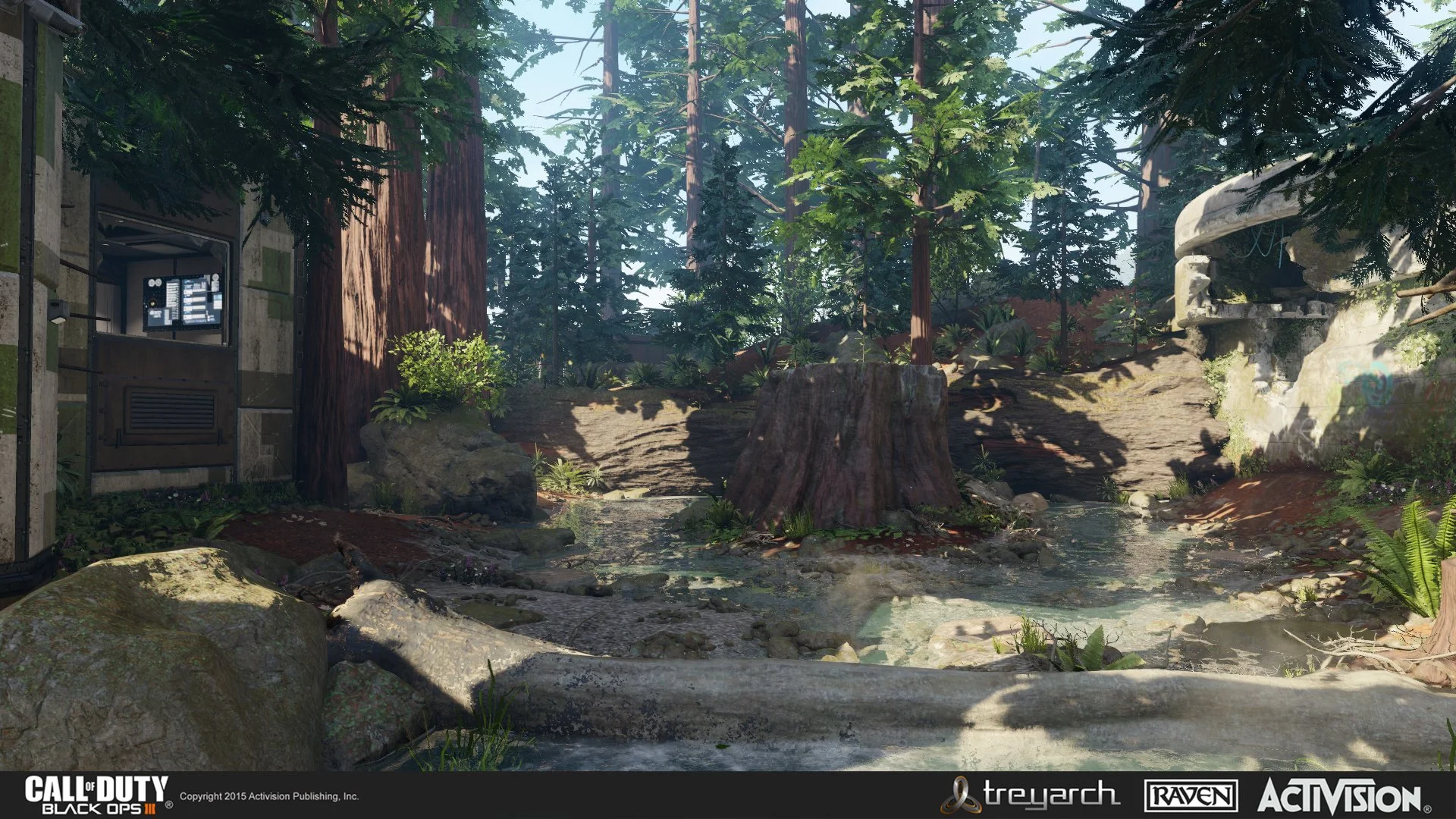 A detailed digital rendering from the video game Call of Duty: Black Ops III, depicting a wooded, outdoor environment with a stream, large trees, and a partially visible stone structure. There is also a high-tech control panel or screen mounted on a 