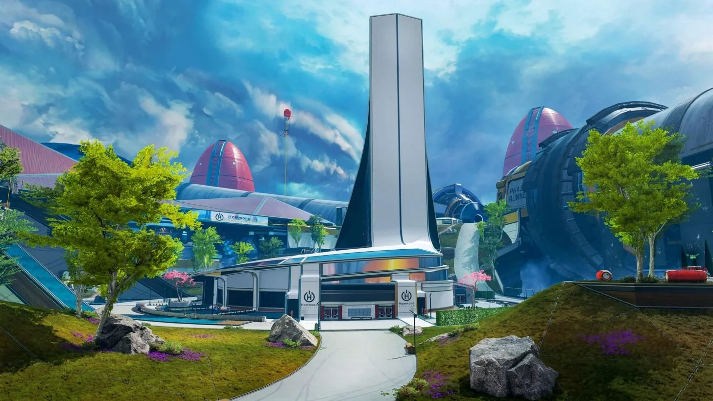 Futuristic science fiction cityscape with green trees, vibrant pink rooftops, and large metallic structures under a bright blue sky with clouds.