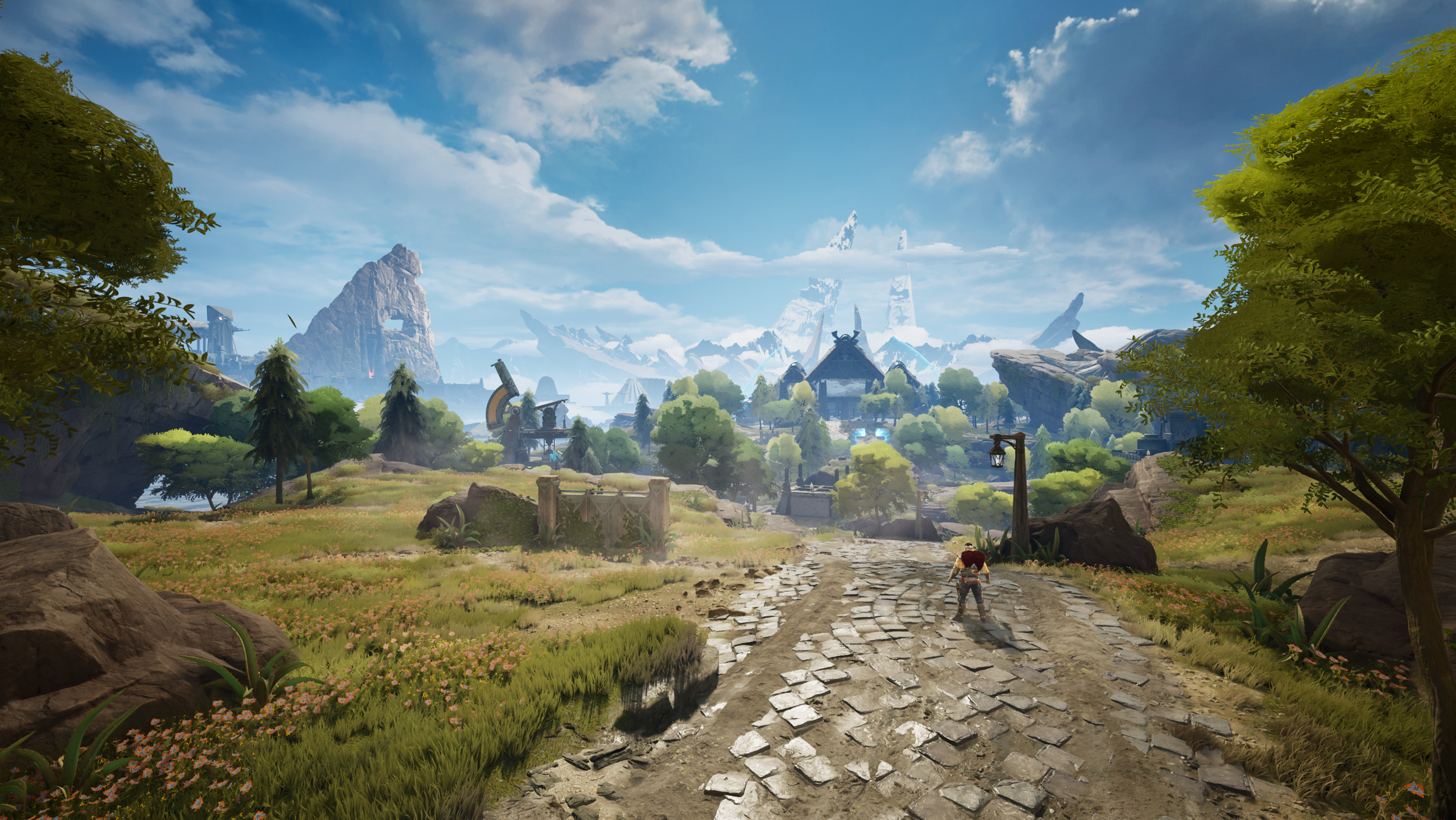 A character walking down a rocky dirt path in a lush green landscape with scattered trees, distant mountains, and a large building or city in the background under a partly cloudy sky.