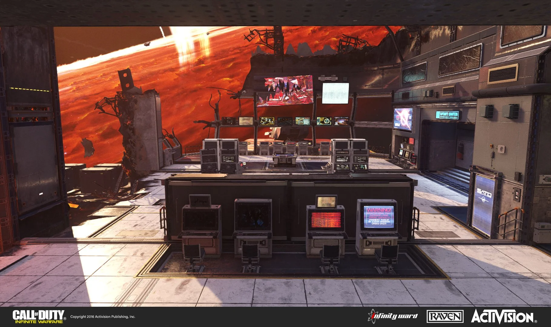 Futuristic control room with multiple monitors and a large window showing a fiery sky and ruined structures outside.