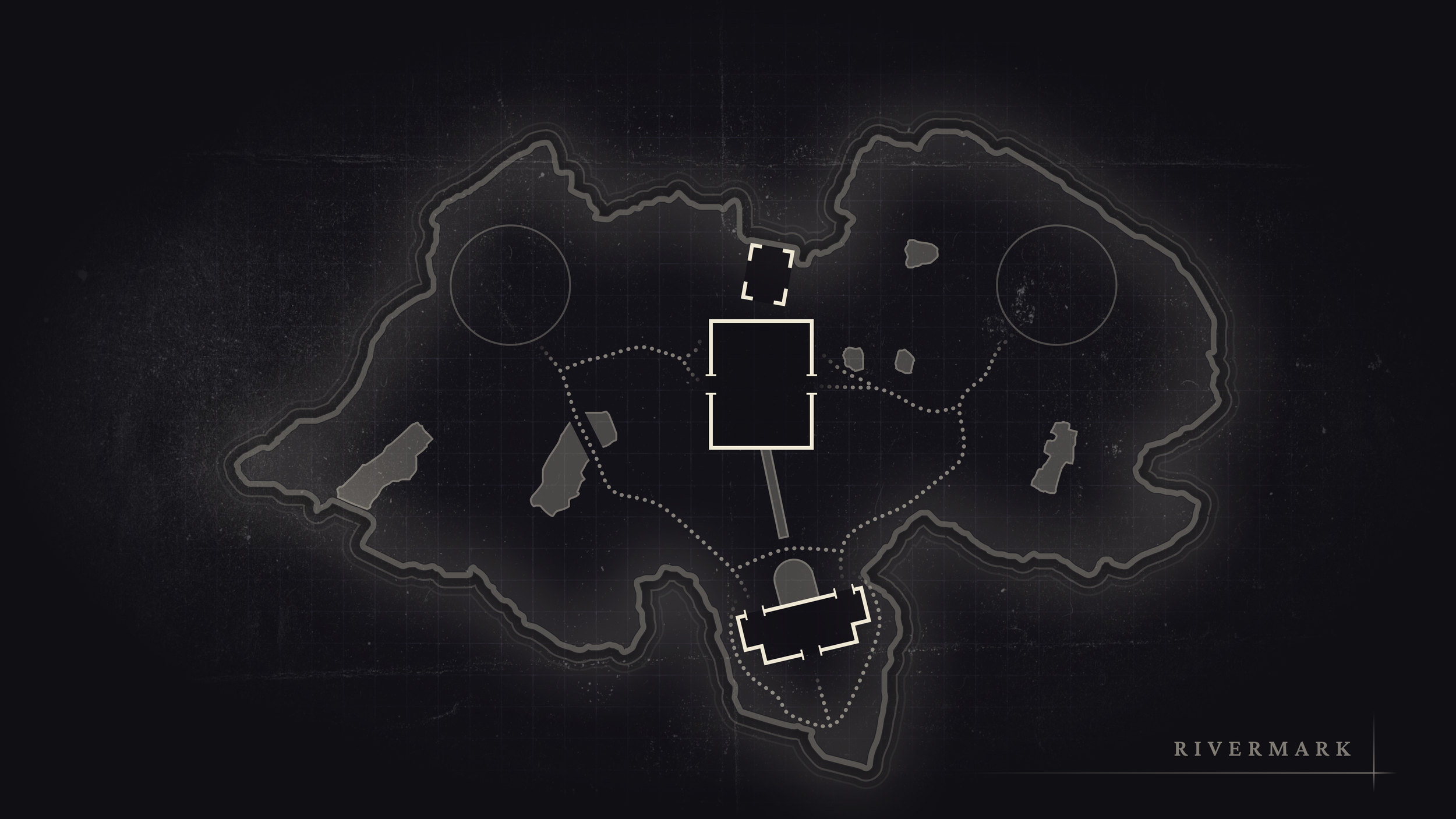 A tactical map of Rivermark with various outlined structures, connecting pathways, and circular zones on a dark background.