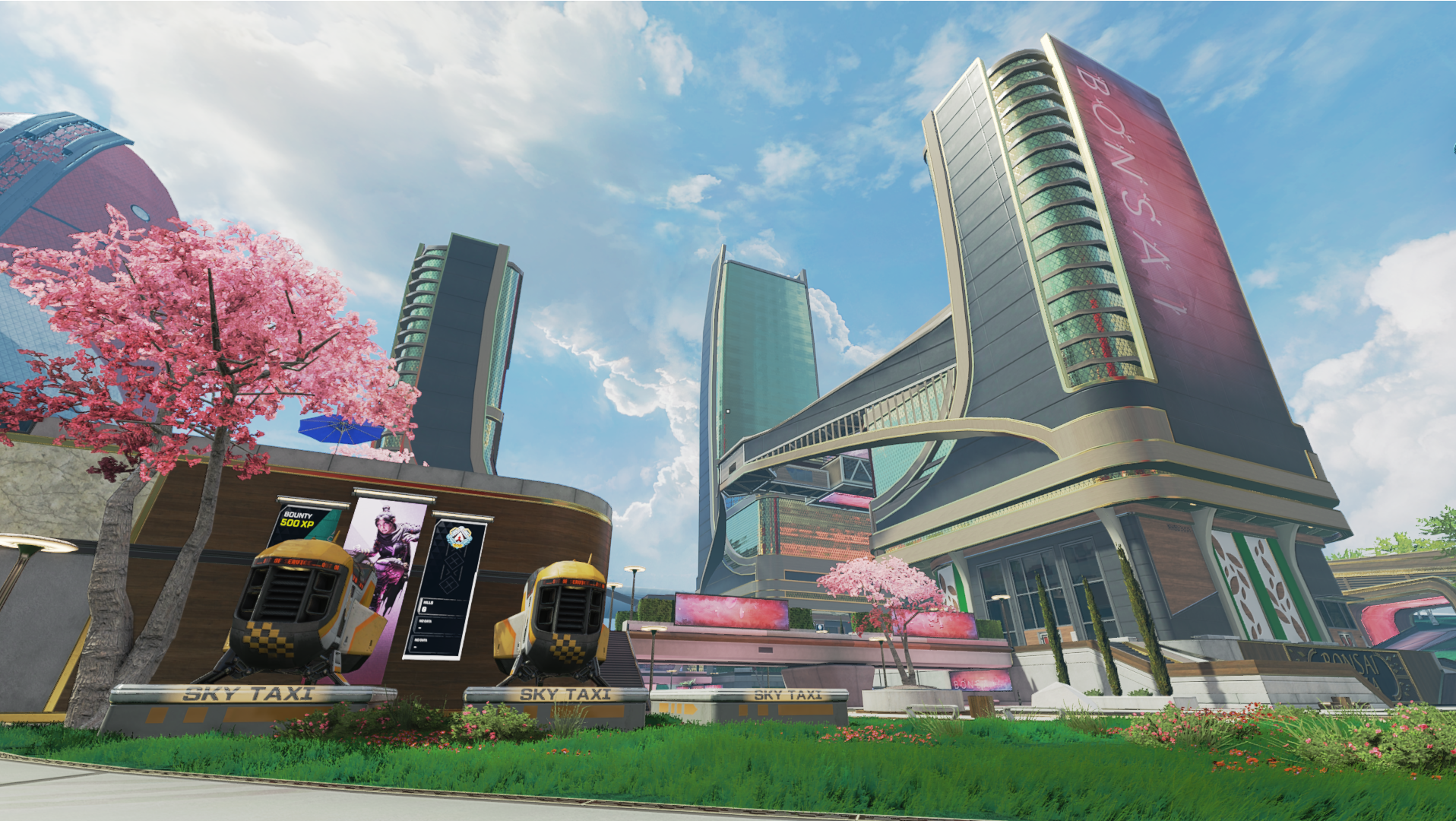 Futuristic cityscape with tall modern skyscrapers, pink cherry blossom trees, two yellow hover taxis labeled 'Sky Taxi,' digital billboards, and a landscaped grass area with flowers.