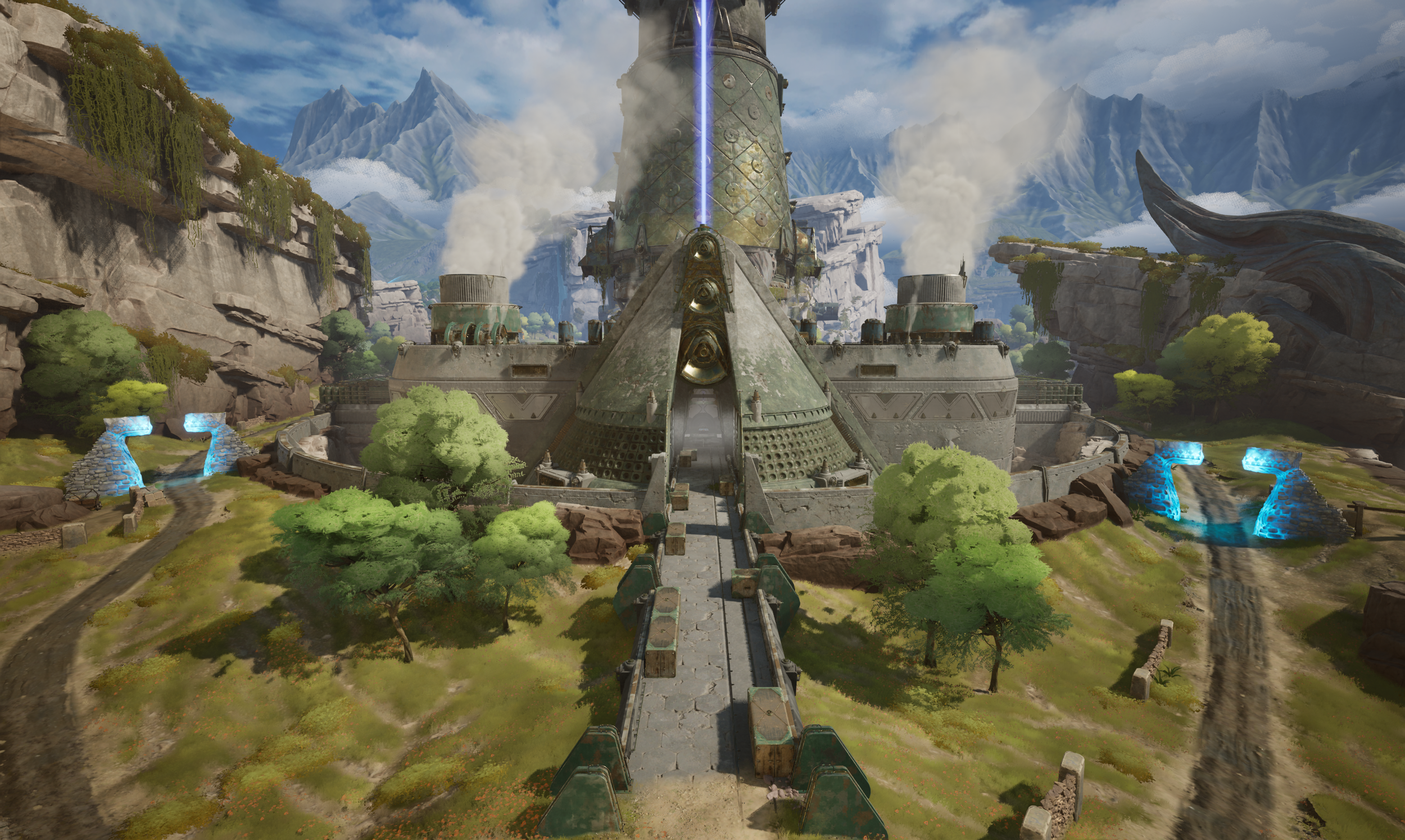 A large, futuristic fortress with a tall central tower emitting a blue beam of light, set in a mountainous landscape with green trees and two glowing blue waterfalls on either side. The scene has a fantasy or science fiction style.