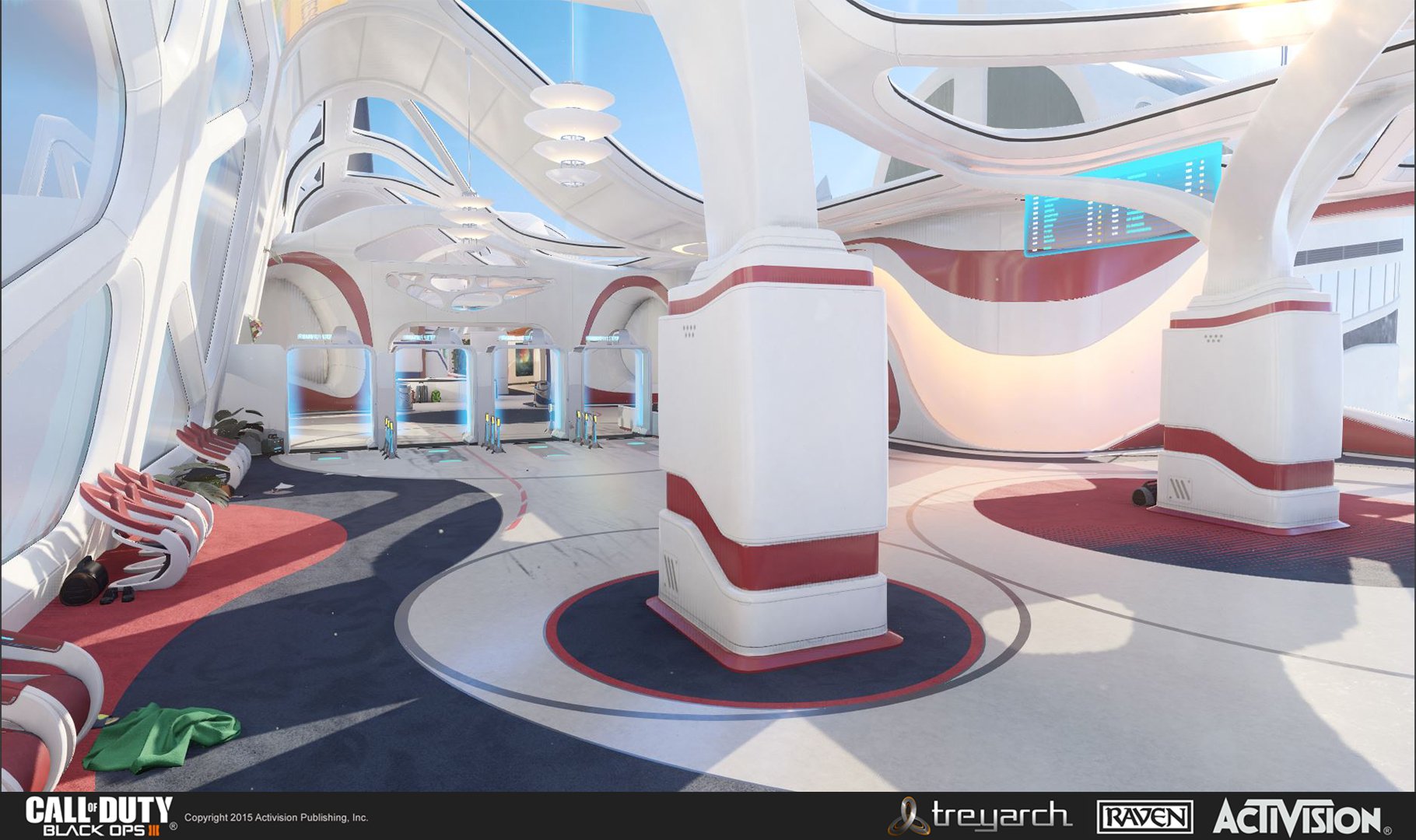 Futuristic interior of a spaceship or sci-fi building with white and red design accents, seating, walking paths, and digital screens.