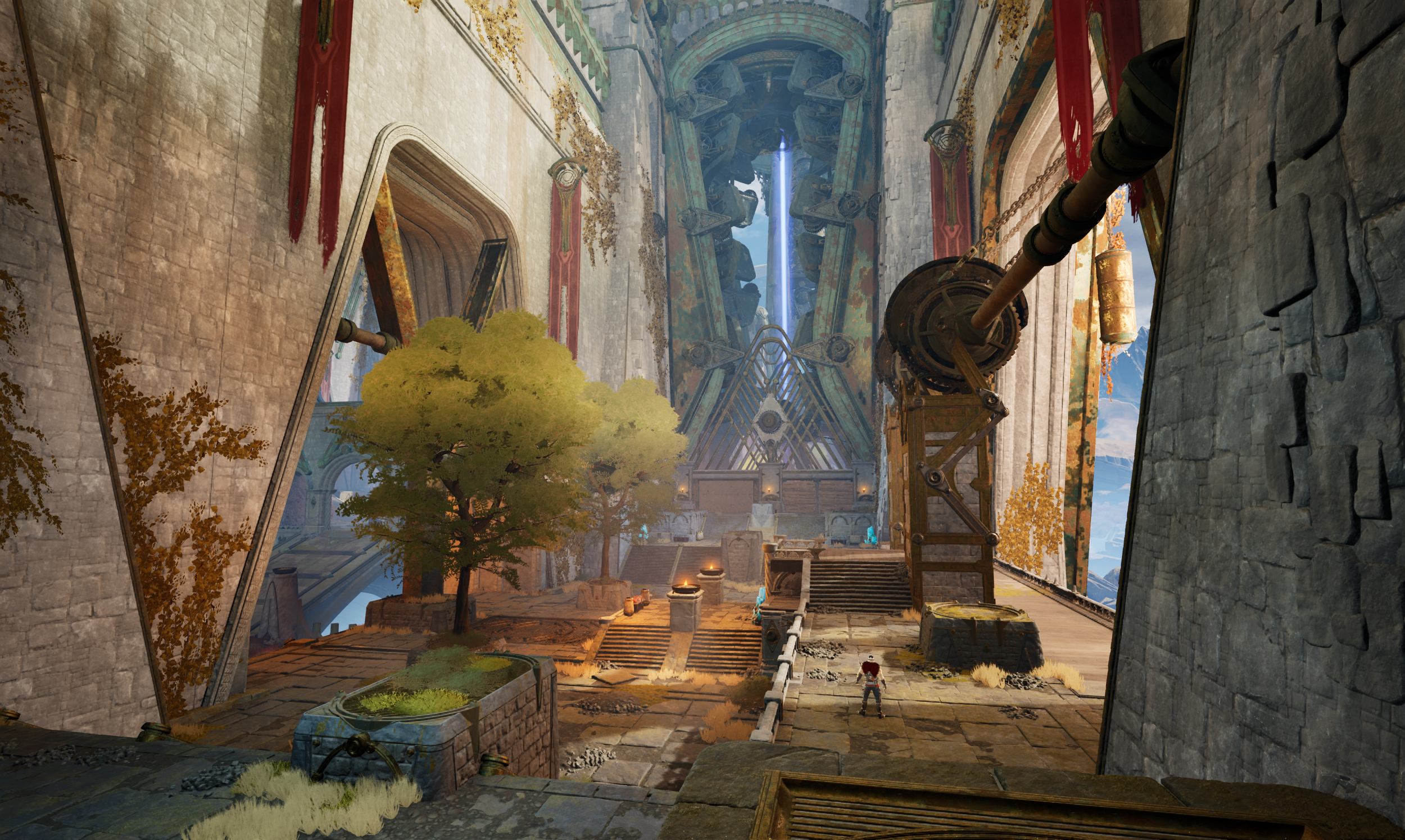 A large, ancient, metallic, and stone structure with trees and stairs inside. A small person stands near the bottom, with massive mechanical gears and a glowing blue beam in the background.