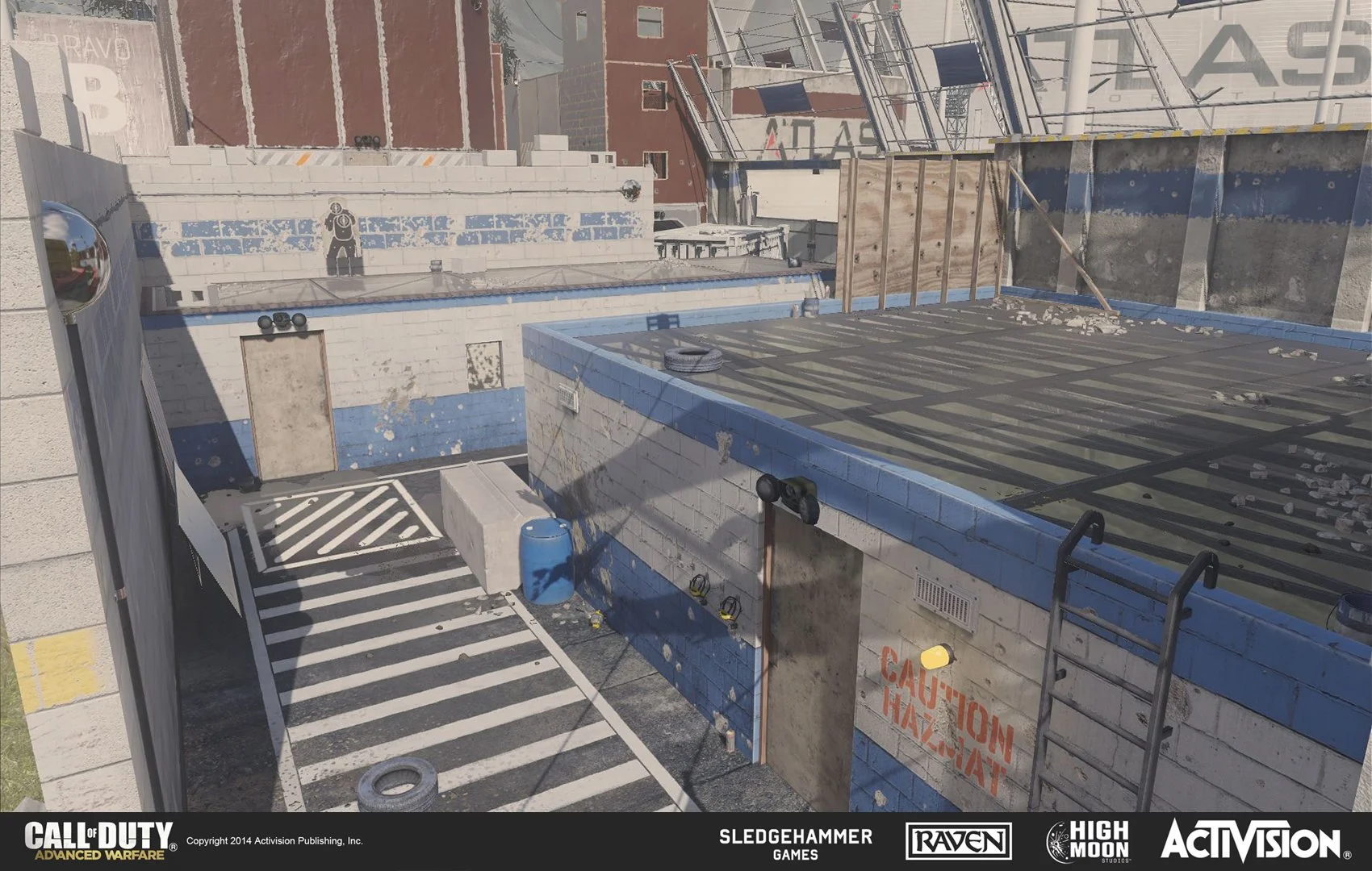 An urban rooftop with a fire escape ladder, warning sign, and graffiti art on the wall, with surrounding city buildings in the background.