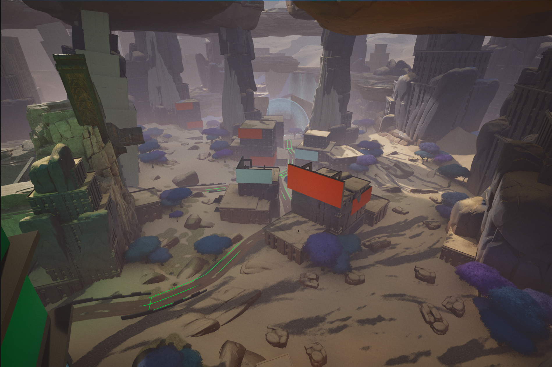 A digital or animated scene of a futuristic cityscape with tall buildings, some crumbling or tilted, and rocky formations. The area has purple trees and scattered rocks, with a curved path and a large orange billboard or screen.