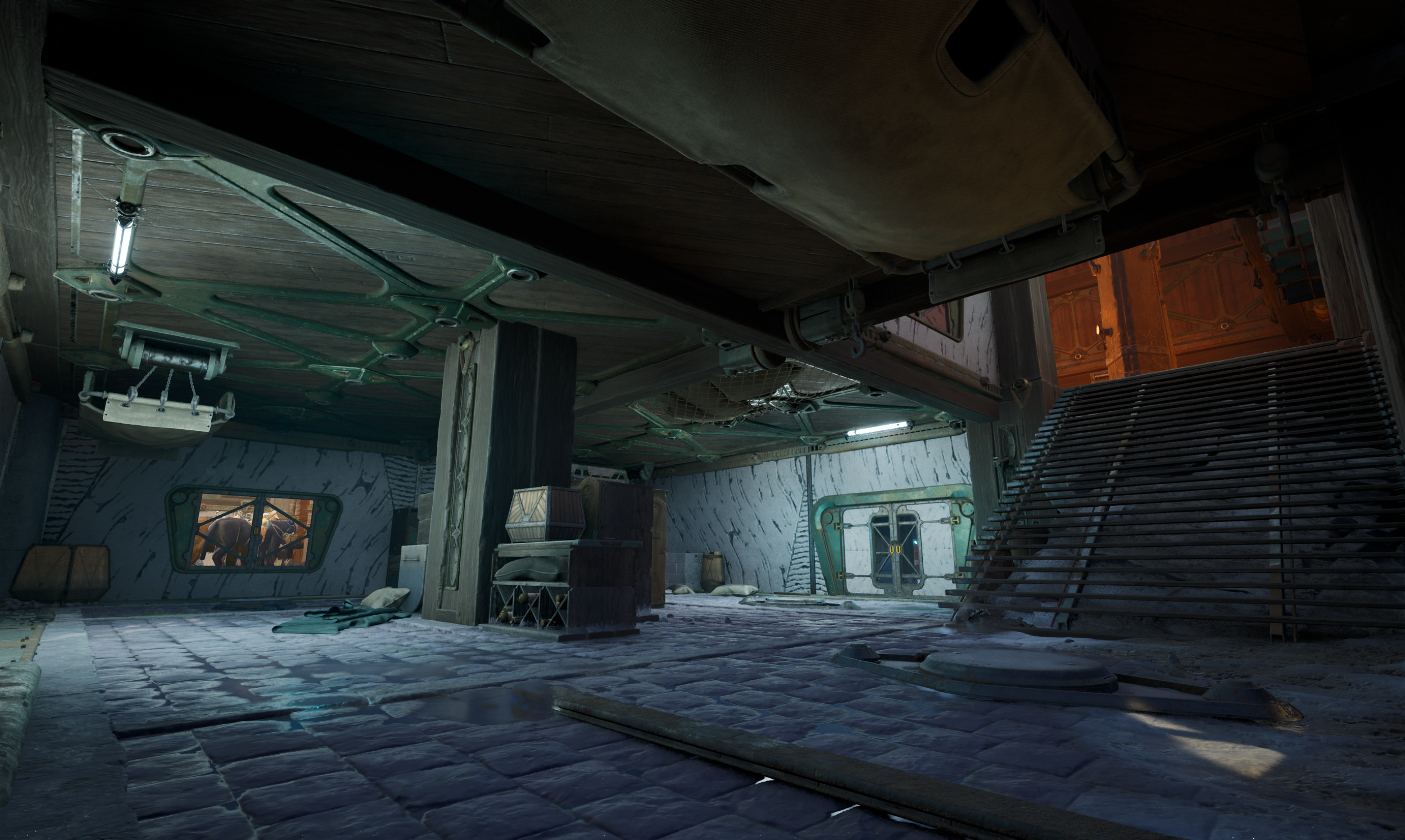 Interior of a spaceship with metallic and wooden design, a window showing an exterior view of a planet or moon, and scattered belongings on the floor.