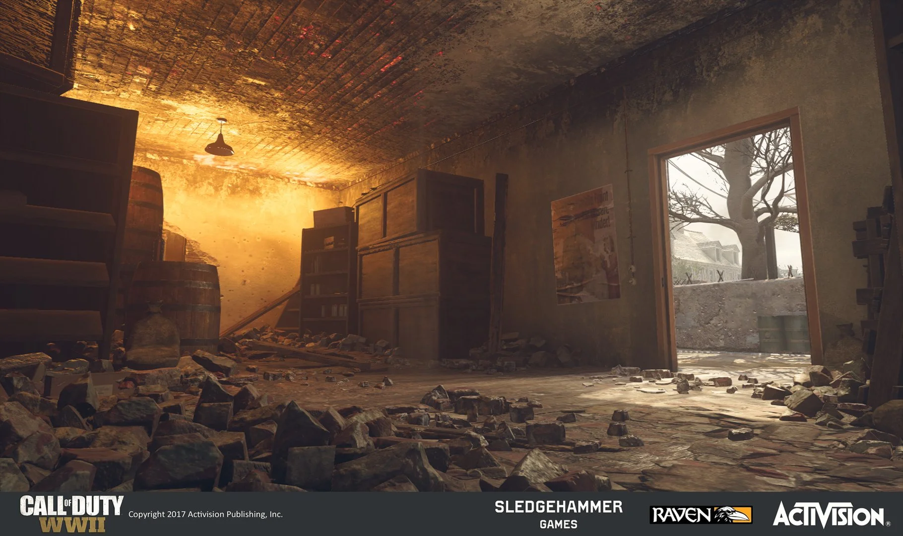 An abandoned, dilapidated room with debris scattered across the floor, brick walls, and a large open door revealing a snowy outdoor scene with a leafless tree.