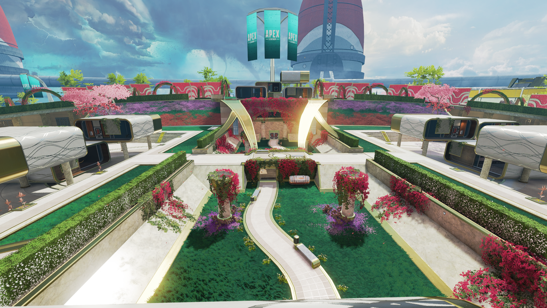 Futuristic cityscape with lush gardens, pink trees, and modern buildings, including a large tower in the background with flags reading 'APEX'.