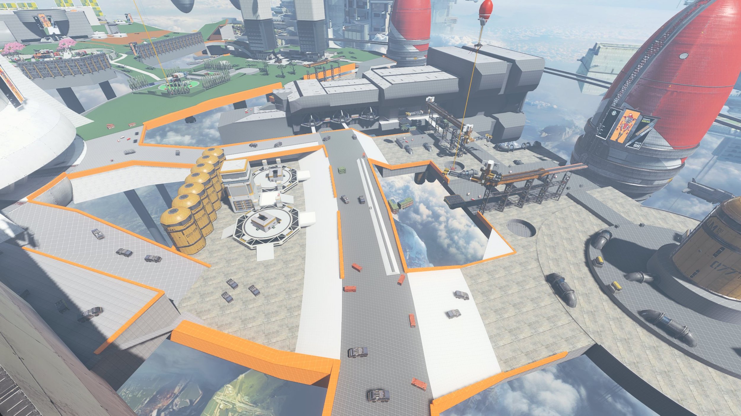 A digital image of a futuristic cityscape with tall buildings, multiple roads, cranes, and vehicles suspended in the sky, resembling a video game environment.