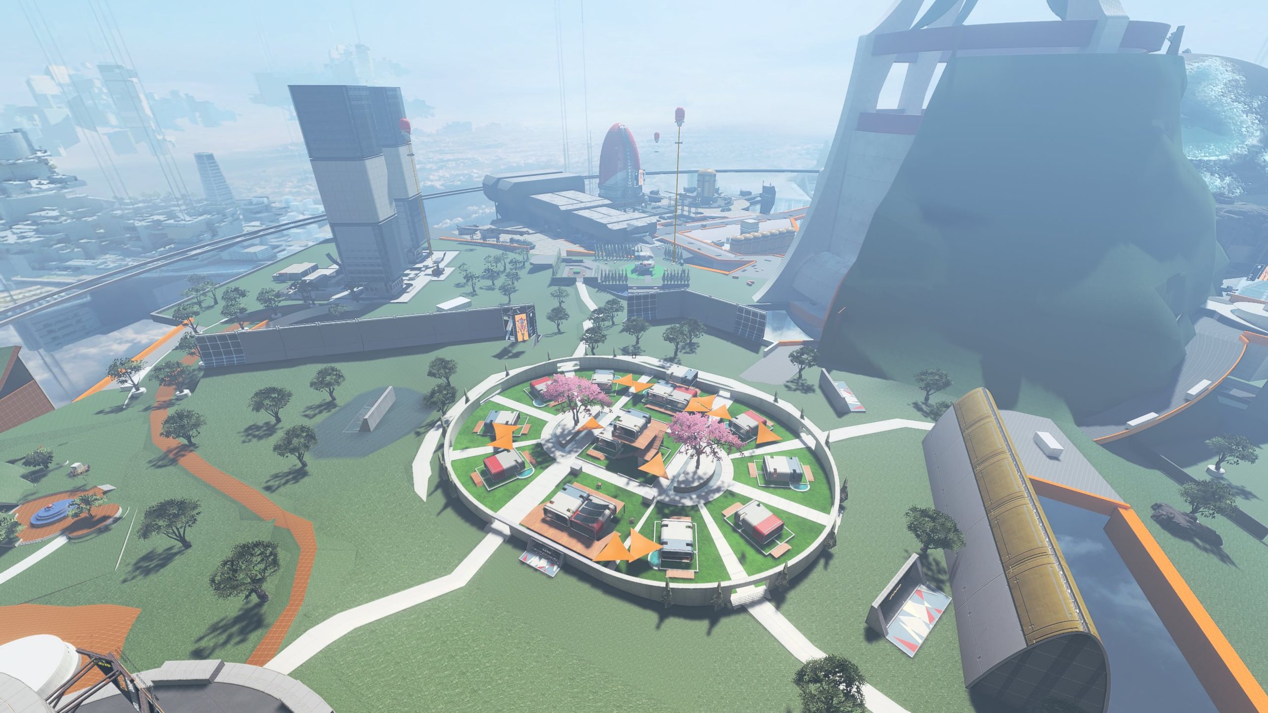 Futuristic cityscape with green park, trees, pathways, modern buildings, and high-rise structures in a digital or video game environment.