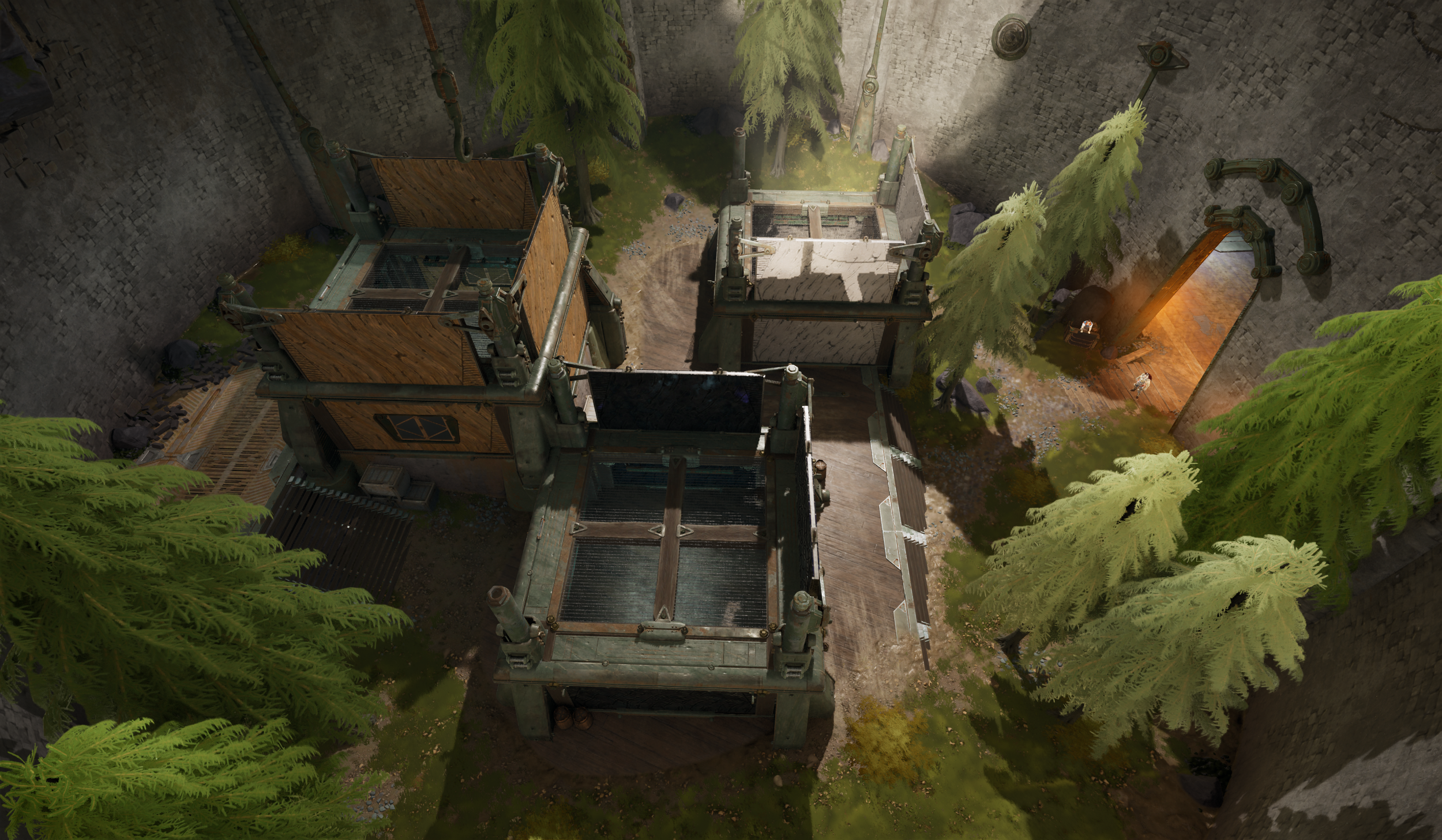 Aerial view of the inside of a natural history museum exhibit featuring a display of various plants and trees surrounded by stone walls and metal structural elements.