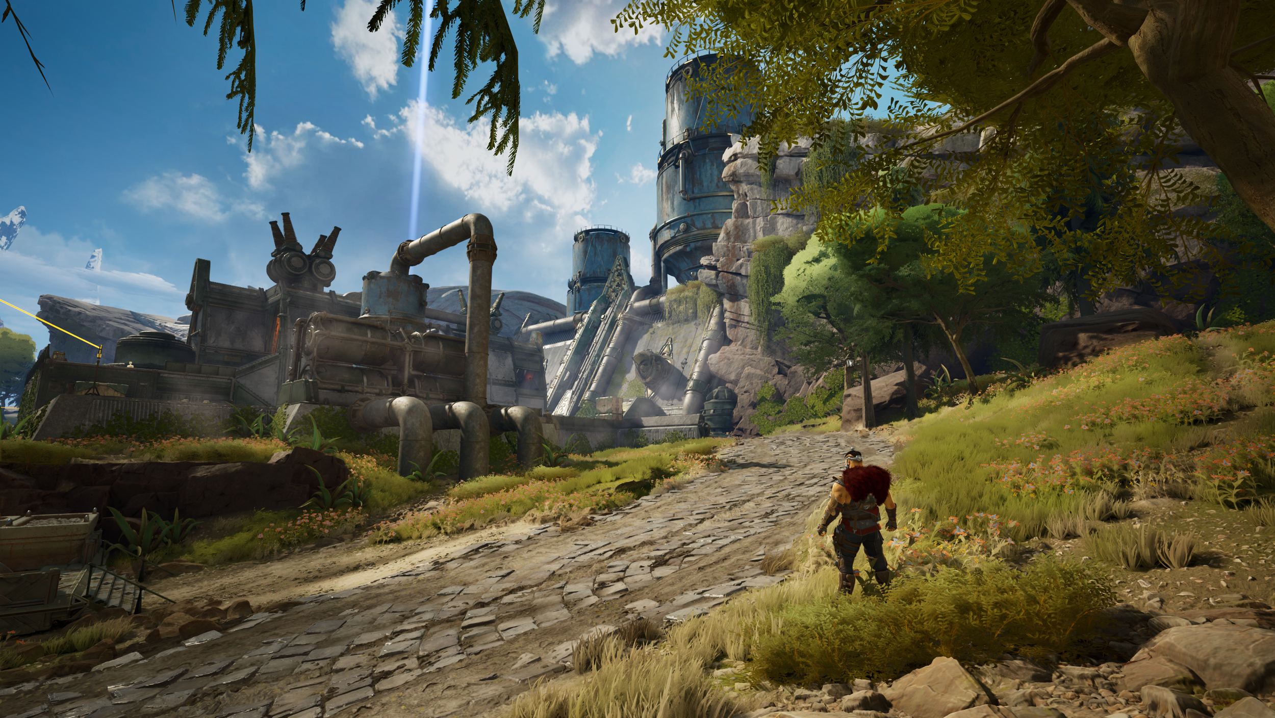 A character with red hair and armor walking along a cobblestone path in a lush, green, natural environment with industrial ruins in the background, under a partly cloudy sky.
