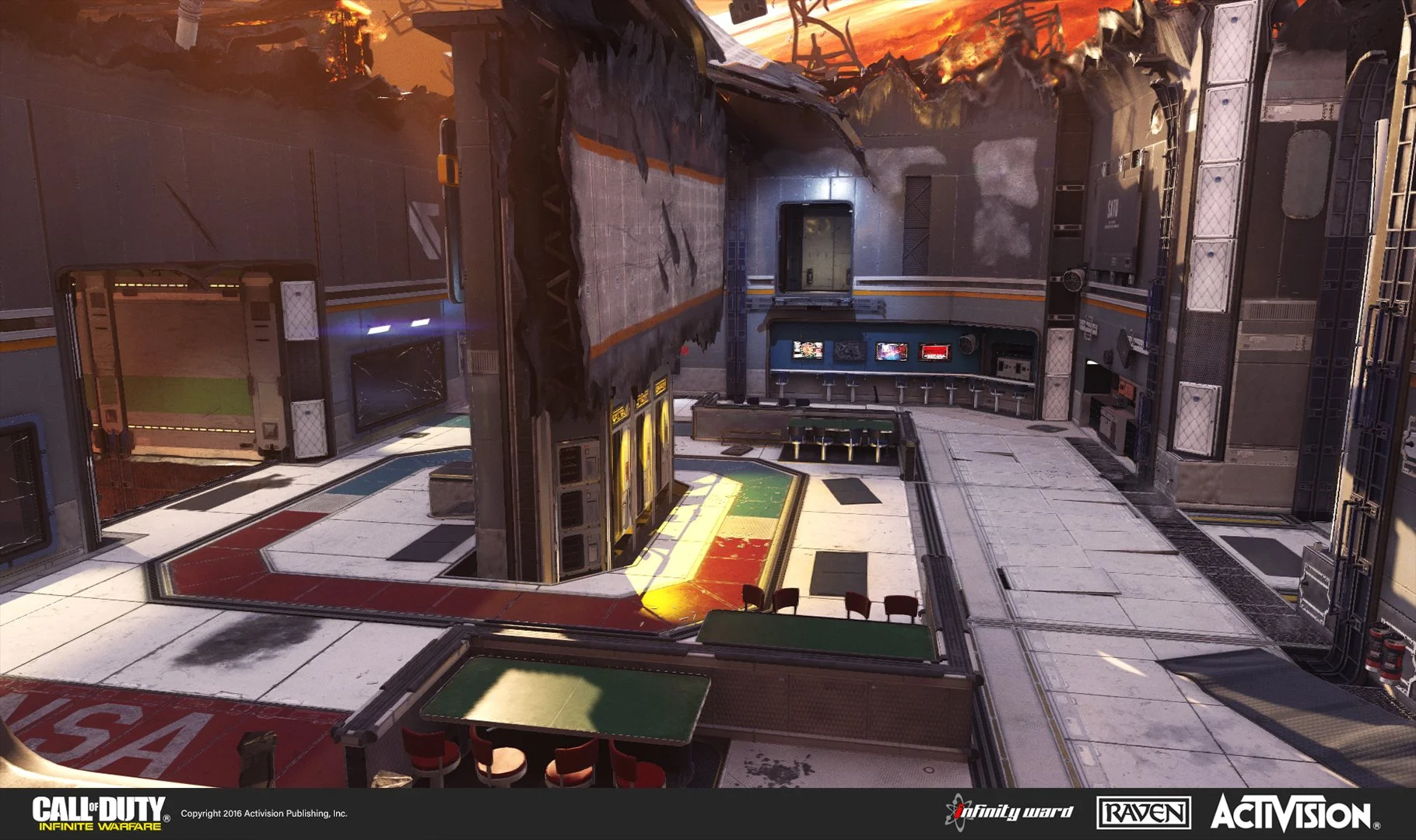 An interior view of a map from the video game Call of Duty: Infinite Warfare, depicting a futuristic spaceship or space station with a damaged ceiling, metallic walls, and a control area with monitors, tables, and chairs.