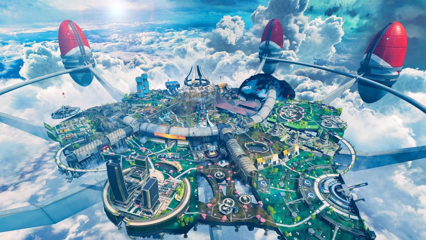 Futuristic city or space station floating above clouds with large red and white structures and various buildings connected by pathways and tubes.