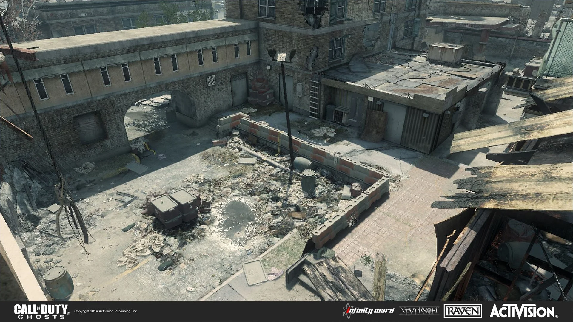 Rooftop area with peeling paint, debris, a small brick enclosure, trash, a barrel, a ladder, shade from cables, and surrounding buildings