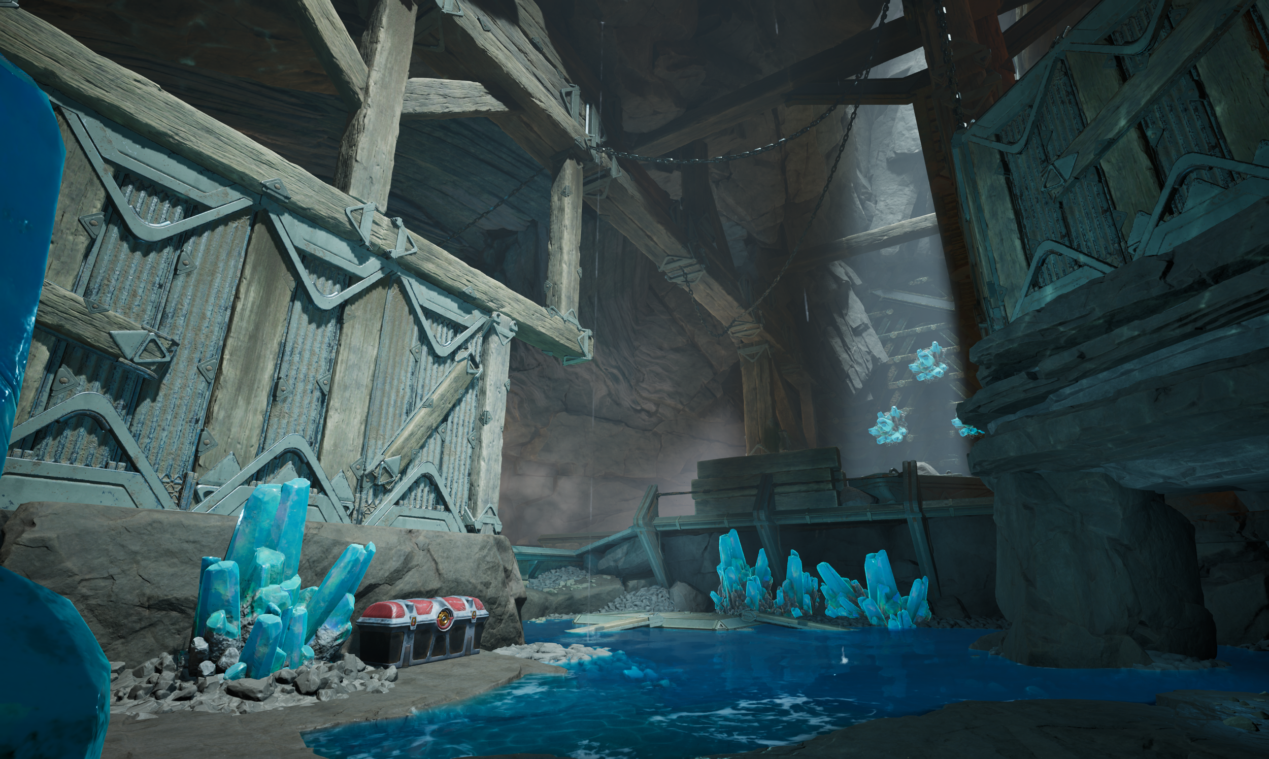 An underground cavern with blue crystals growing along the water and rocks. There are metal and wooden structures, including a large door, built into the cavern walls. A small red and white crate sits next to the crystals.