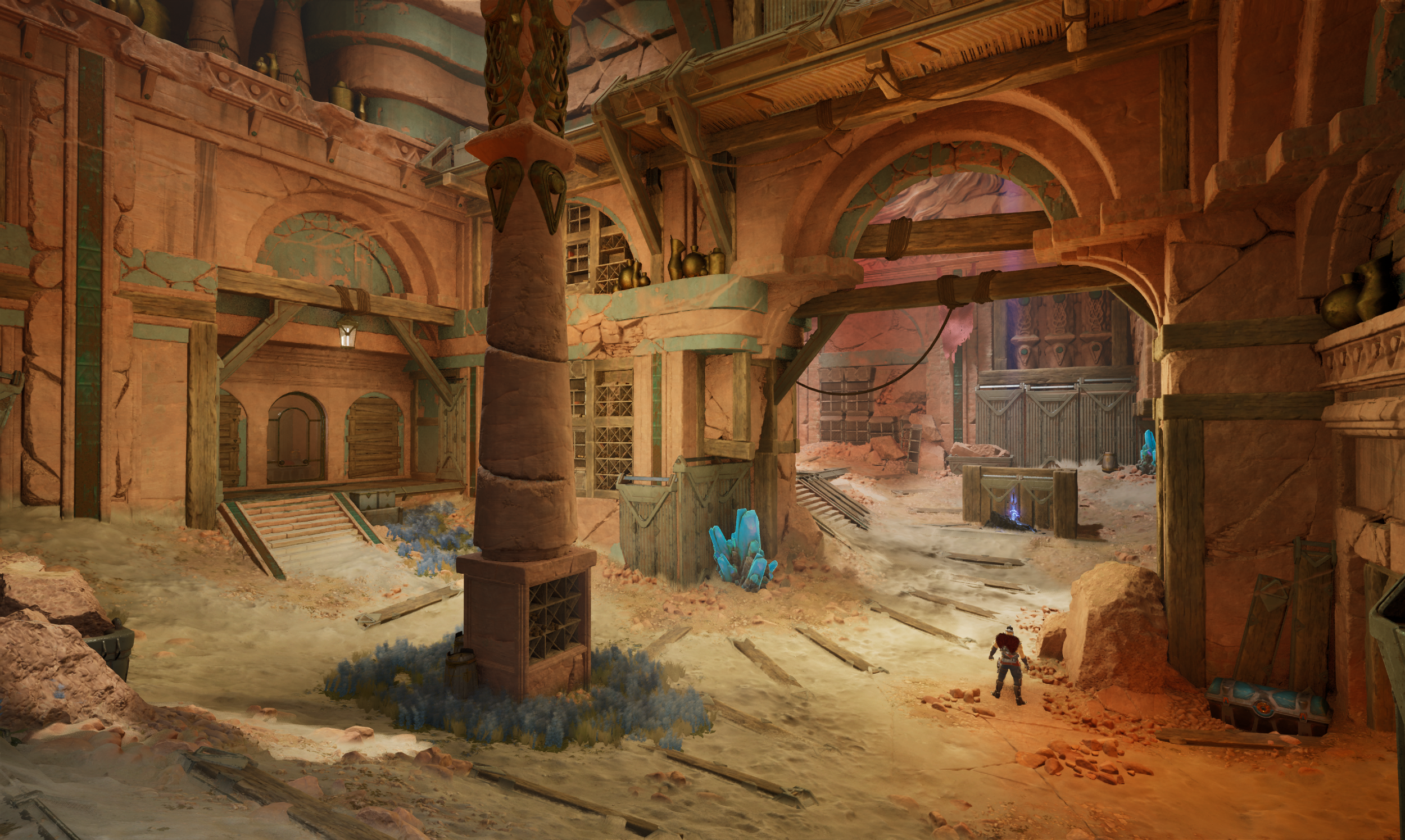 A fantasy underground scene with reddish rock walls, wooden beams, and various crystals. There is a small character in the lower right, and old train tracks run through the area along with scattered debris and blue glowing crystals.