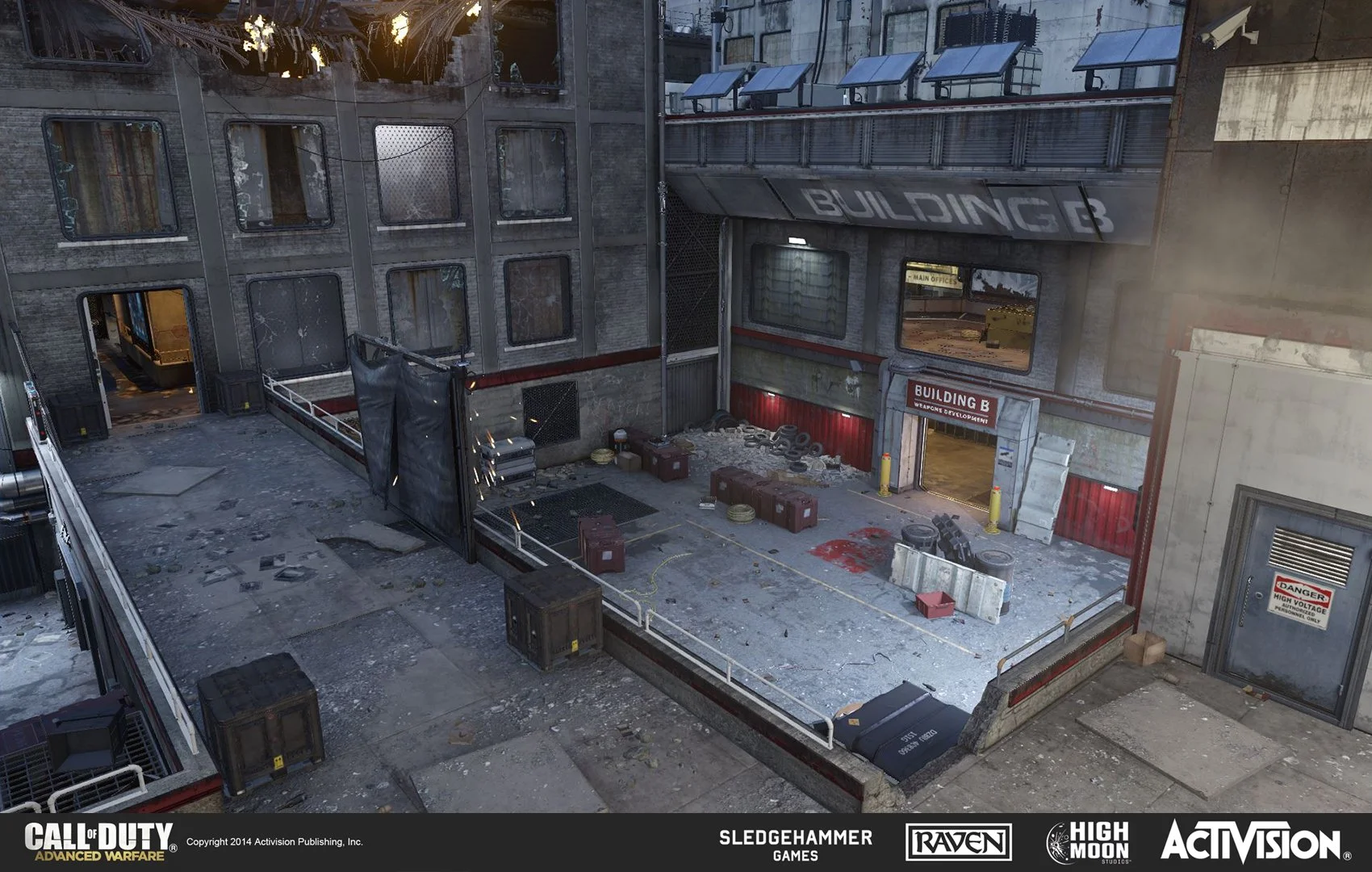 In-game scene of a rooftop area labeled 'Building B' with debris, containers, and construction materials, from the video game Call of Duty: Advanced Warfare.