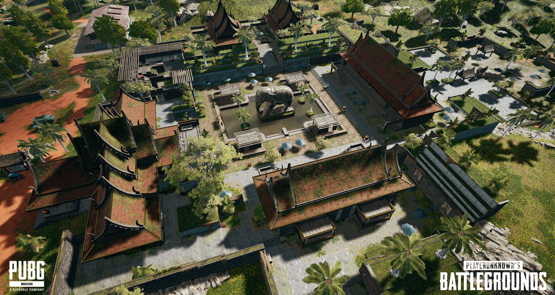 Aerial view of the Shangri-La estate map from PUBG Battlegrounds, featuring traditional Asian-style buildings, a central courtyard with an elephant sculpture, lush greenery, and surrounding pathways.