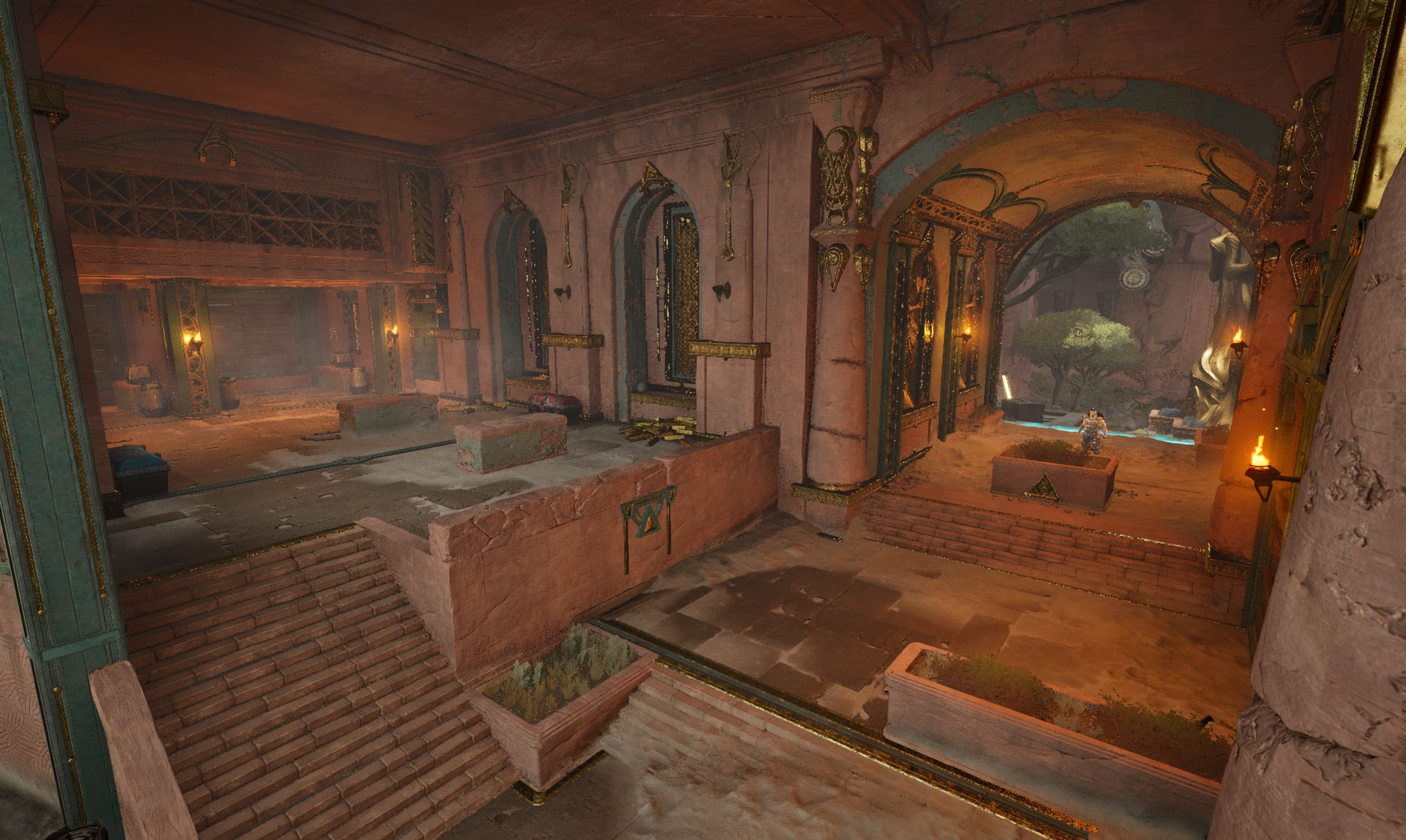 An ancient, mystical temple with pink stone walls and gold accents. There are stone steps leading to an open courtyard with a tree and a stone sculpture. The scene is illuminated by torchlight, creating a warm glow.