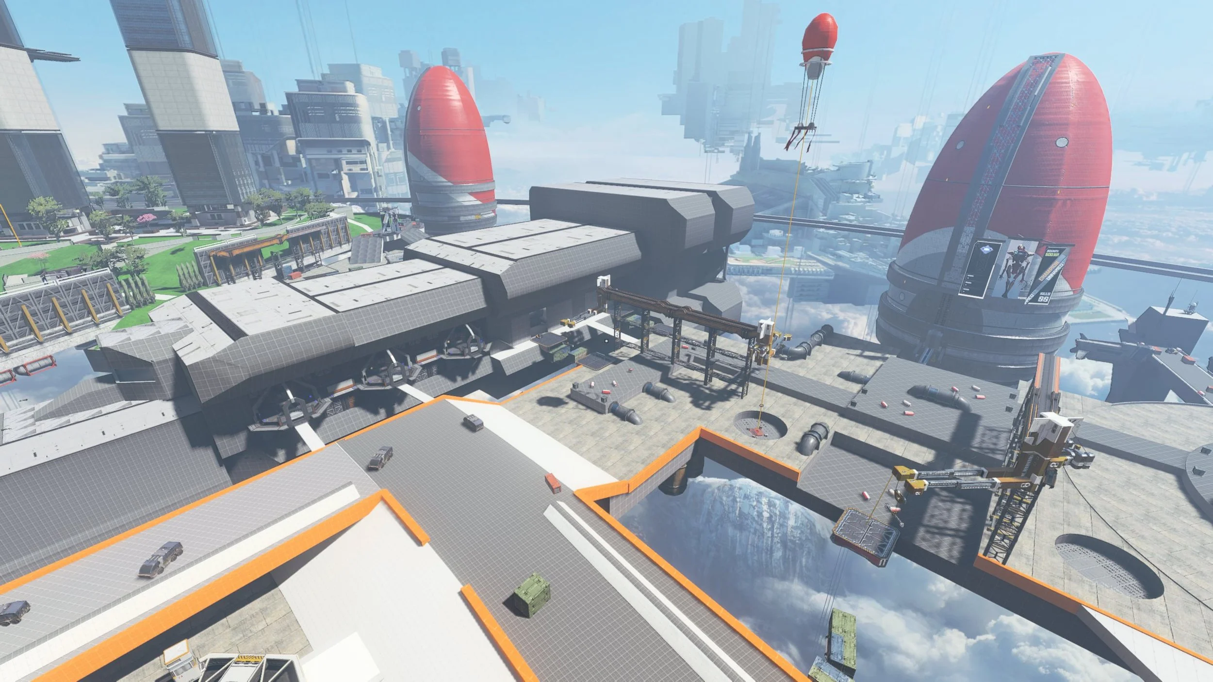 Futuristic cityscape with launch pads, large red and black rocket structures, floating airships, and tall skyscrapers above the clouds.