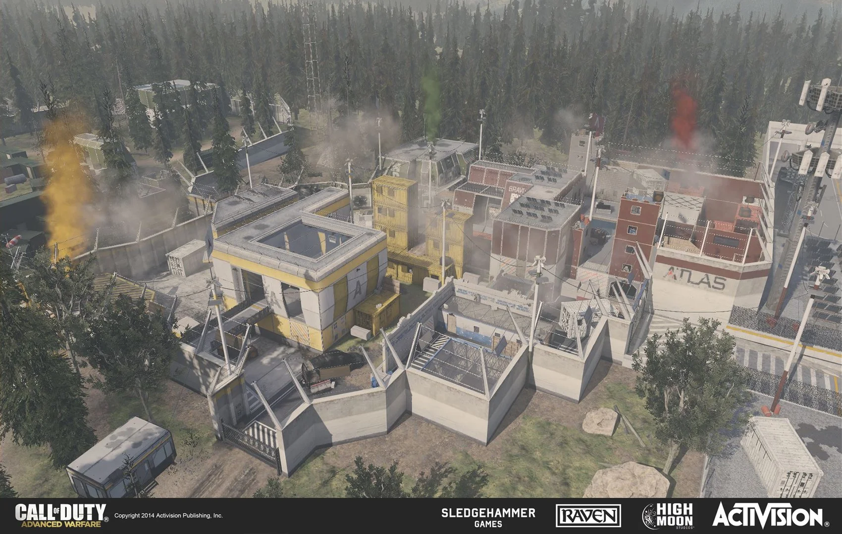 Video game scene from Call of Duty: Advanced Warfare showing a military base with buildings, fences, trees, and smoke, viewed from above.