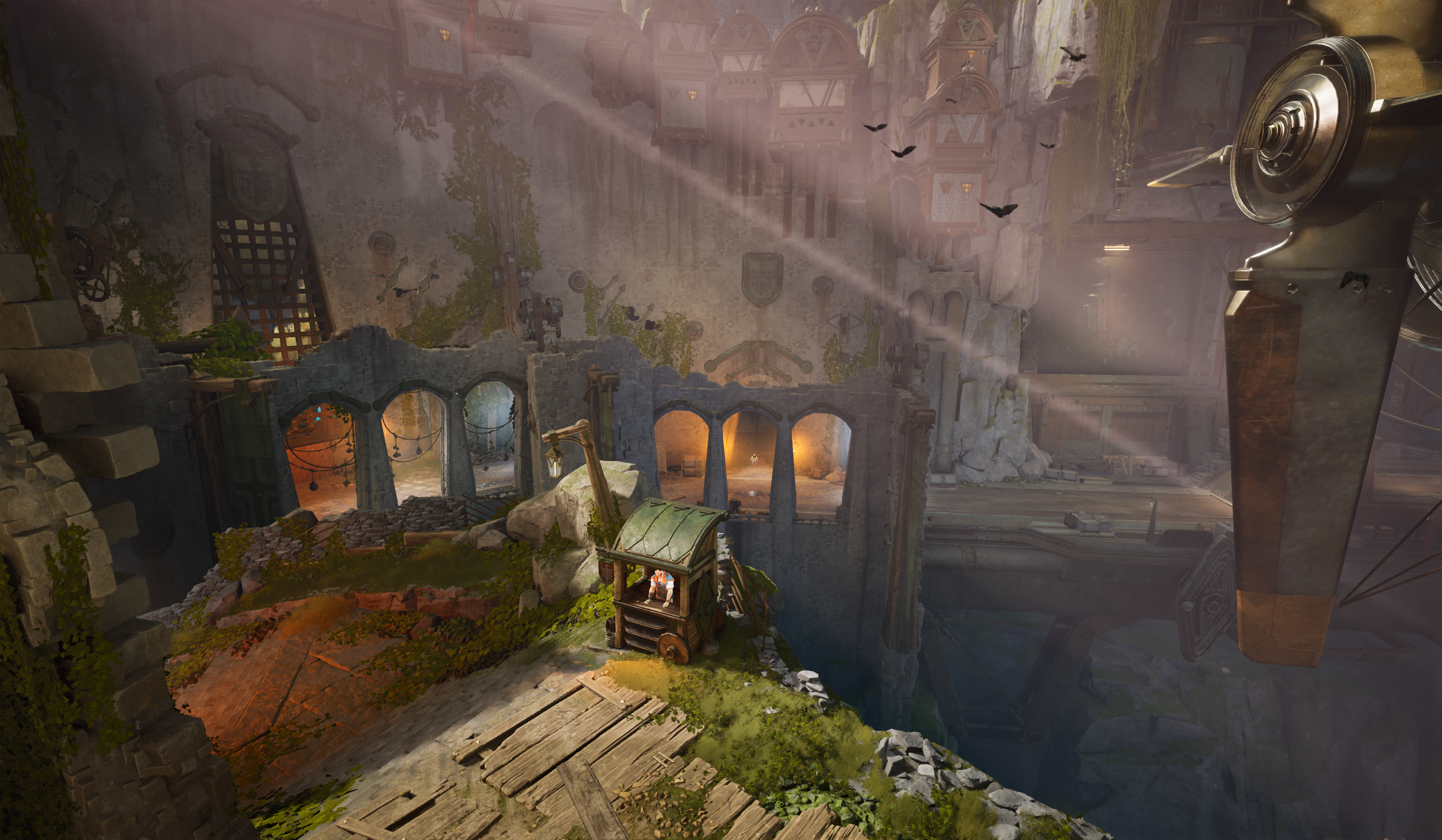 A fantasy video game scene of a ruined city with moss and vines overgrowth, a small market stall, and a large machine from a flying vehicle. The background shows stone walls, arches, and a castle-like structure with flying birds, sunlight streaming t