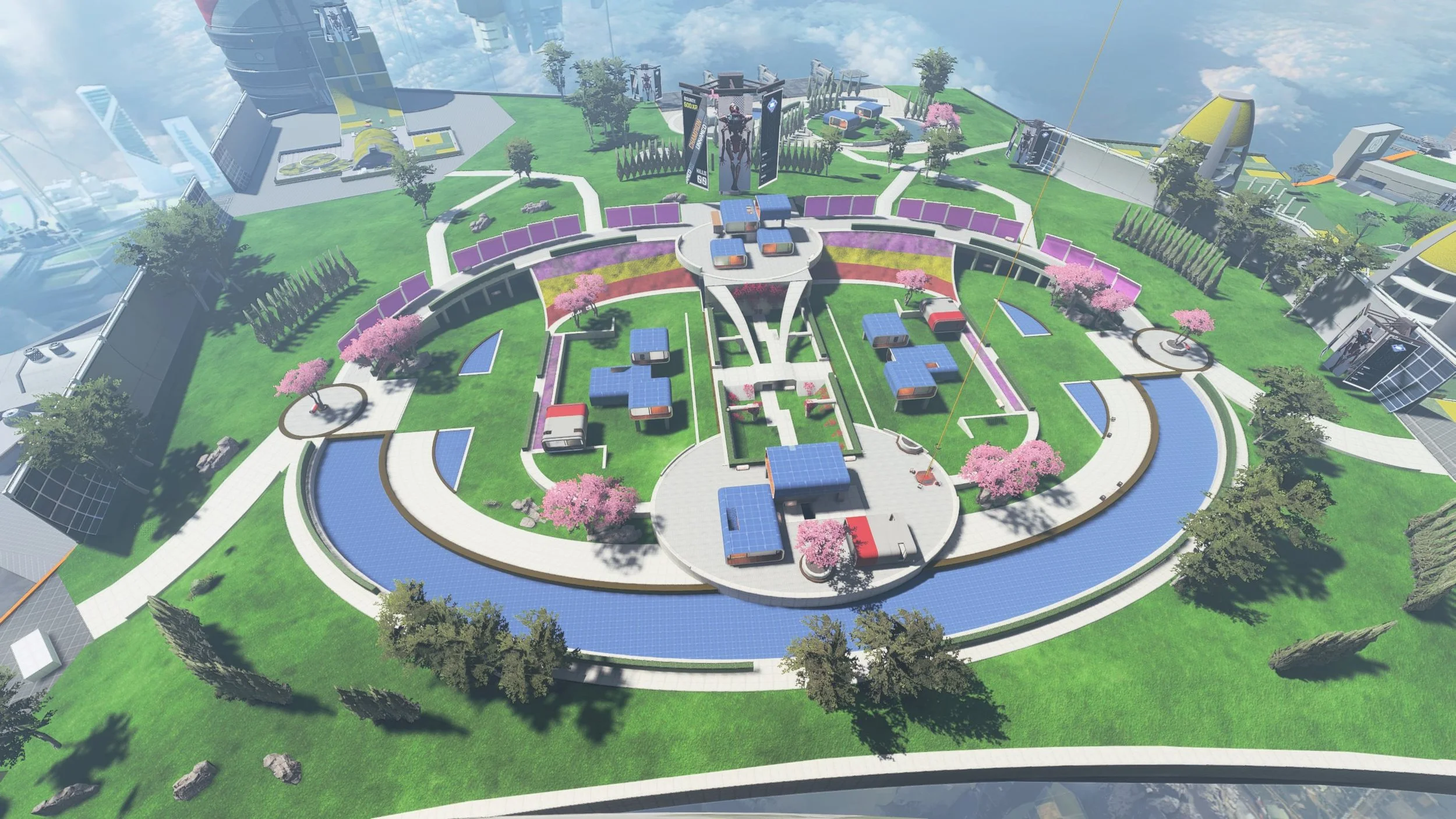 A virtual cityscape with futuristic buildings, pink flowering trees, water canals, pathways, and small structures in a modern park.