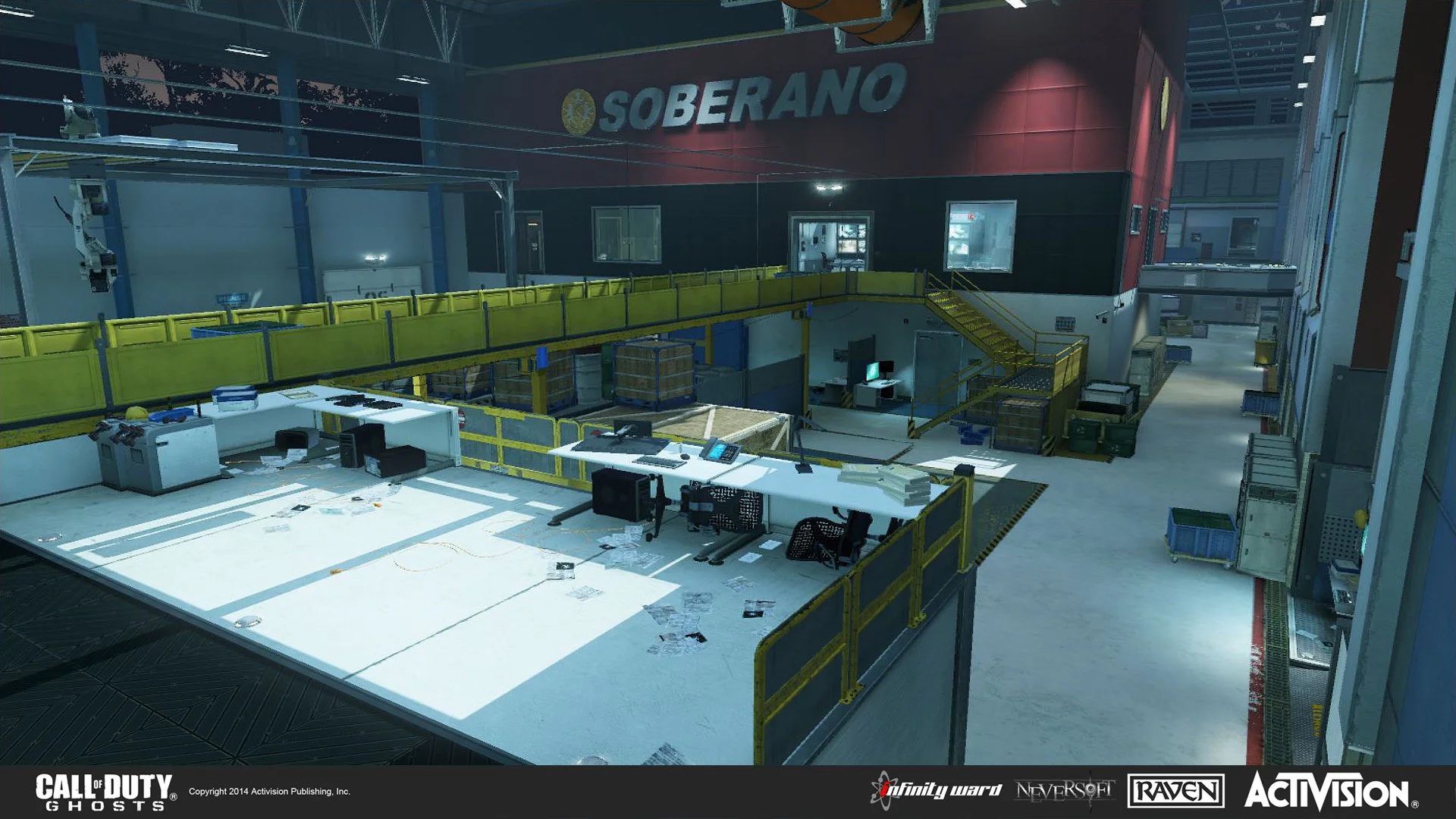 Empty industrial warehouse with scattered papers, desks, and boxes, with a large Soberano sign on the wall.