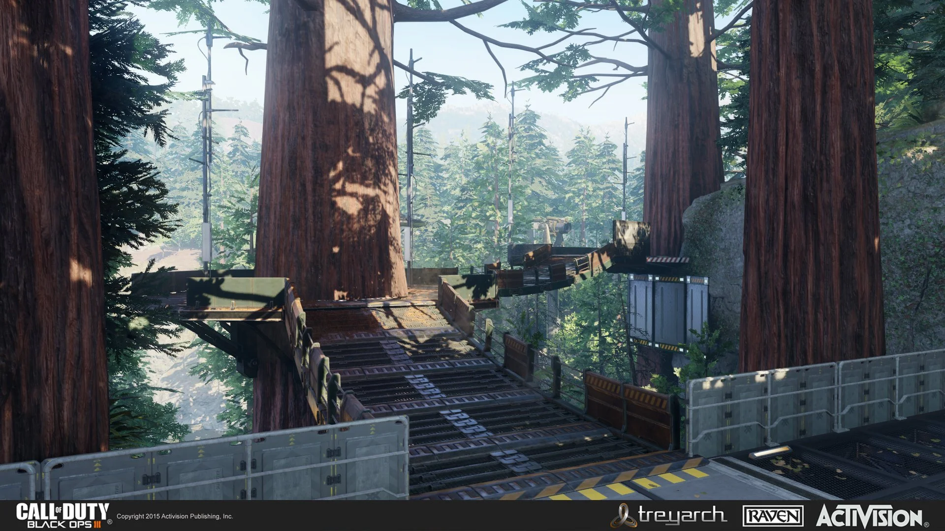 A futuristic bridge made of metal with safety barriers, suspended between two massive redwood trees in a dense forest, with a hilly background and foggy atmosphere, from the video game Call of Duty: Black Ops III.