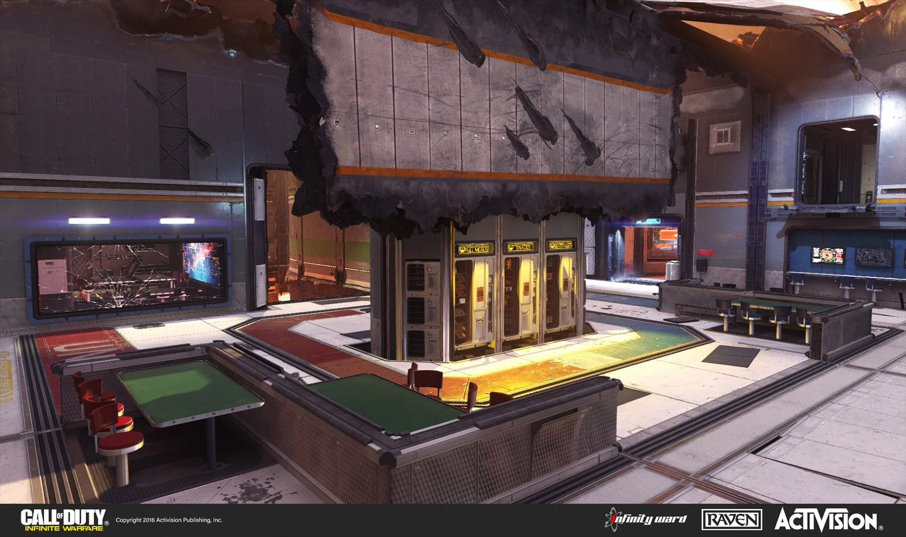 A scene from the video game Call of Duty: Infinite Warfare showing a destroyed indoor area with gaming tables, broken window, vending machines, and damaged walls.